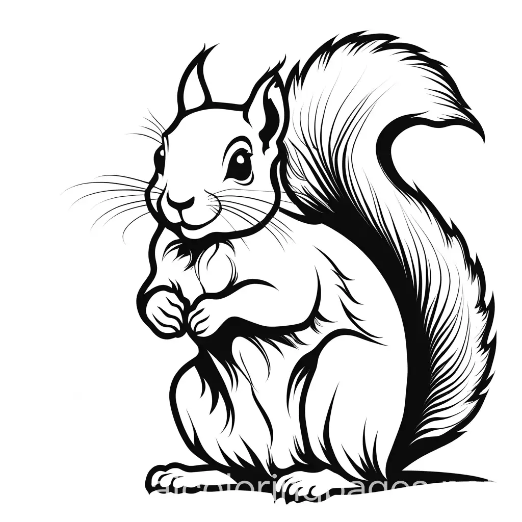 happy squirrel, Coloring Page, black and white, line art, white background, Simplicity, Ample White Space. The background of the coloring page is plain white to make it easy for young children to color within the lines. The outlines of all the subjects are easy to distinguish, making it simple for kids to color without too much difficulty