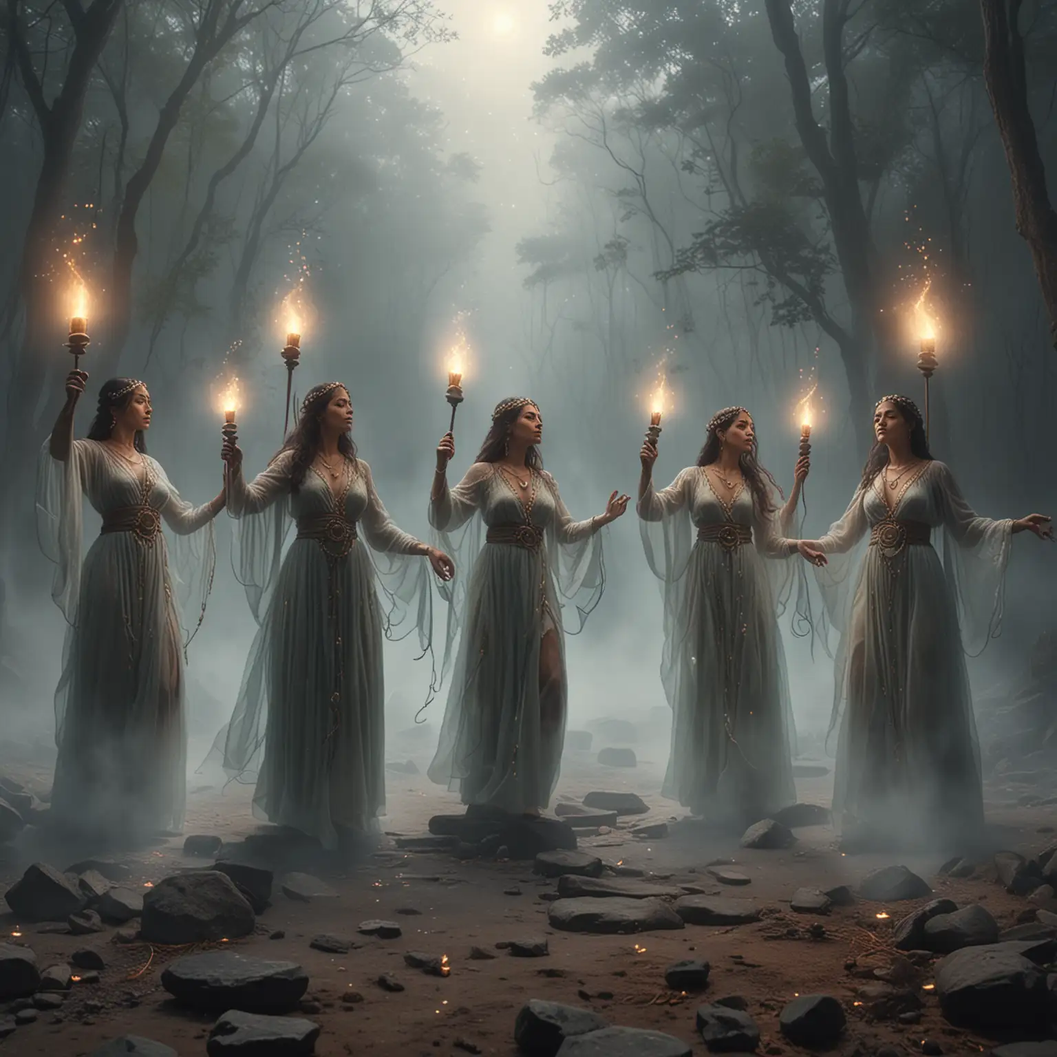Women dressed in flowing, transparent tajas, carrying a small torches in their hands, dancing in the middle of 5 tall stones forming a circle. There is mystery in the air, fog, magic, ritual, cinematic, digital art pastels elegant ethereal 8k resolution fantasy wood