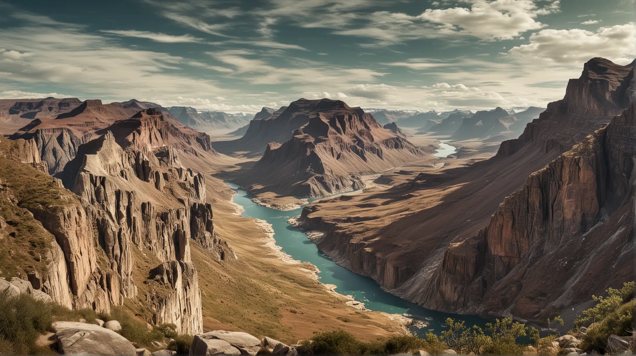 Une vue panoramique d’un paysage partant du Groenland à gauche allant au grand canyon à droite en passant la jungle au milieu.
Style photographie 