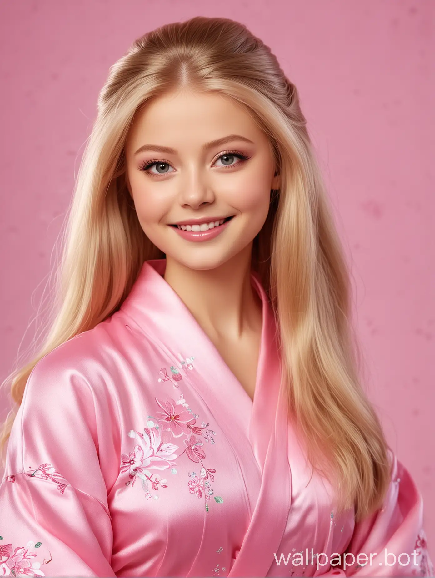 Юлия Липницкая в образе Барби с длинными шелковистыми волосами в розовом шелковом халате улыбается