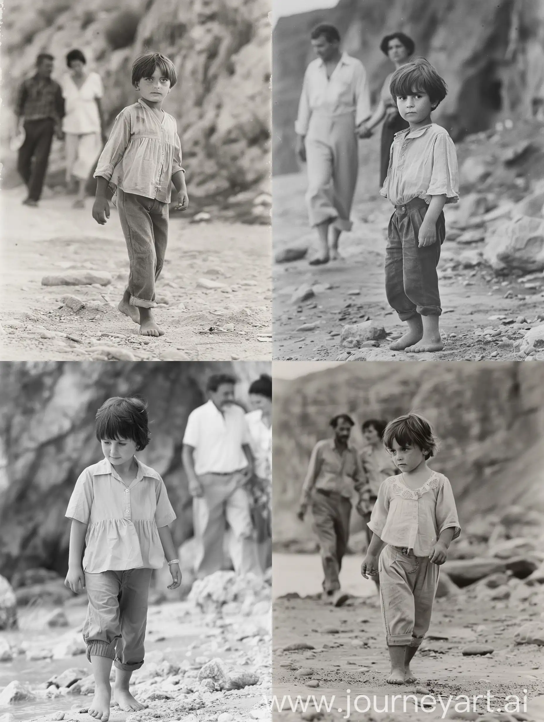 A black and white photo depicts a young girl with short hair walking barefoot along the shore. She is wearing a light blouse and pants rolled up. In the background, a couple, likely her parents, are seen walking hand in hand, faint and out of focus. The scene is set against a backdrop of rocky cliffs, creating a serene and nostalgic atmosphere. The girl's facial expression conveys joy and innocence, capturing an intimate moment of childhood in nature. The overall composition highlights the contrast between the sharp focus on the girl and the blurred soft background, captured in a realistic style by photographer Steve McCurry with high clarity at the focal point: f/4.5, 3:4, V6.