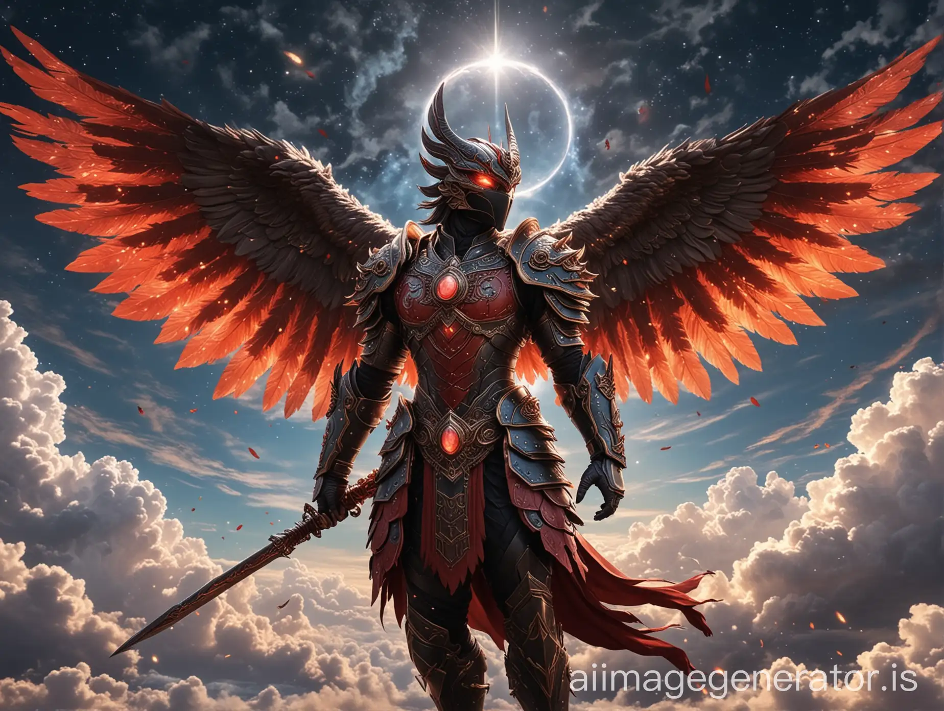 Create photo-realistic anime art style images of beautiful celestial creatures flying in the sky. The creature radiated power and mystery, full body, with a glowing halo surrounding its head. The armor is modeled after the Thai man Garuda, a flowing red and black color that sparkles with pure energy and cosmic patterns. The armor has intricate details and a sharp, angular design. Enhance the formidable appearance Spread your wings and fly in the sky among the clouds. holding a beautiful spear.
