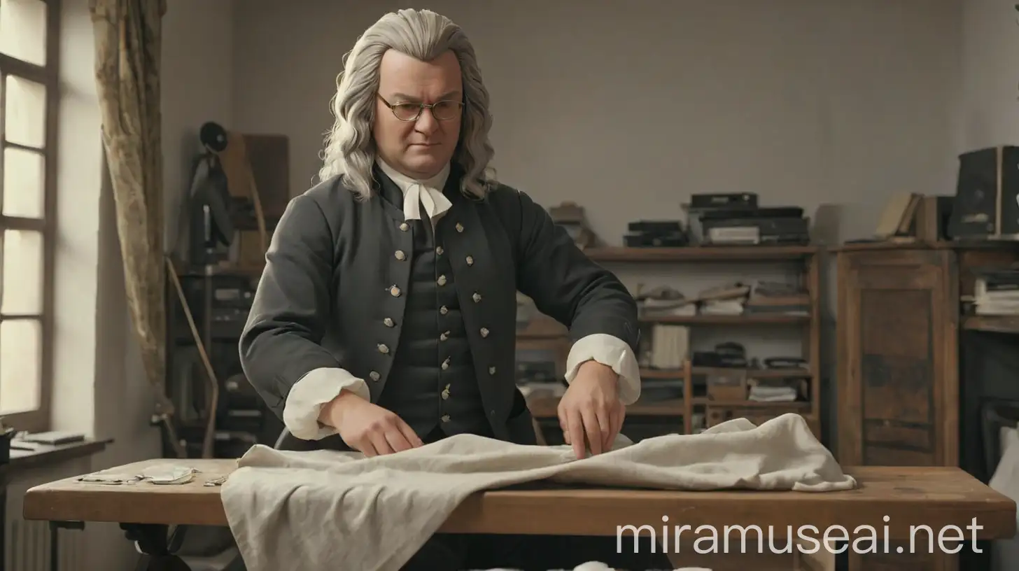 Composer Johann Sebastian Bach Ironing Clothes in Music Studio