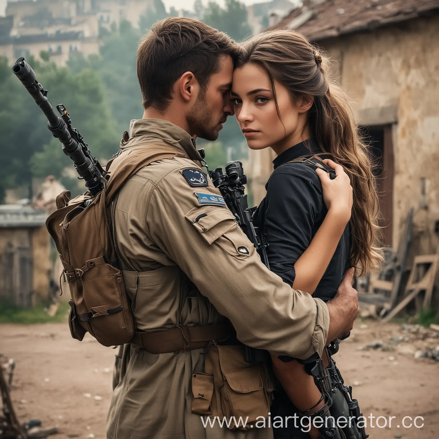 beautiful couple, where the girl is french, the sniper man is hugging the girl and there is a sniper on his back