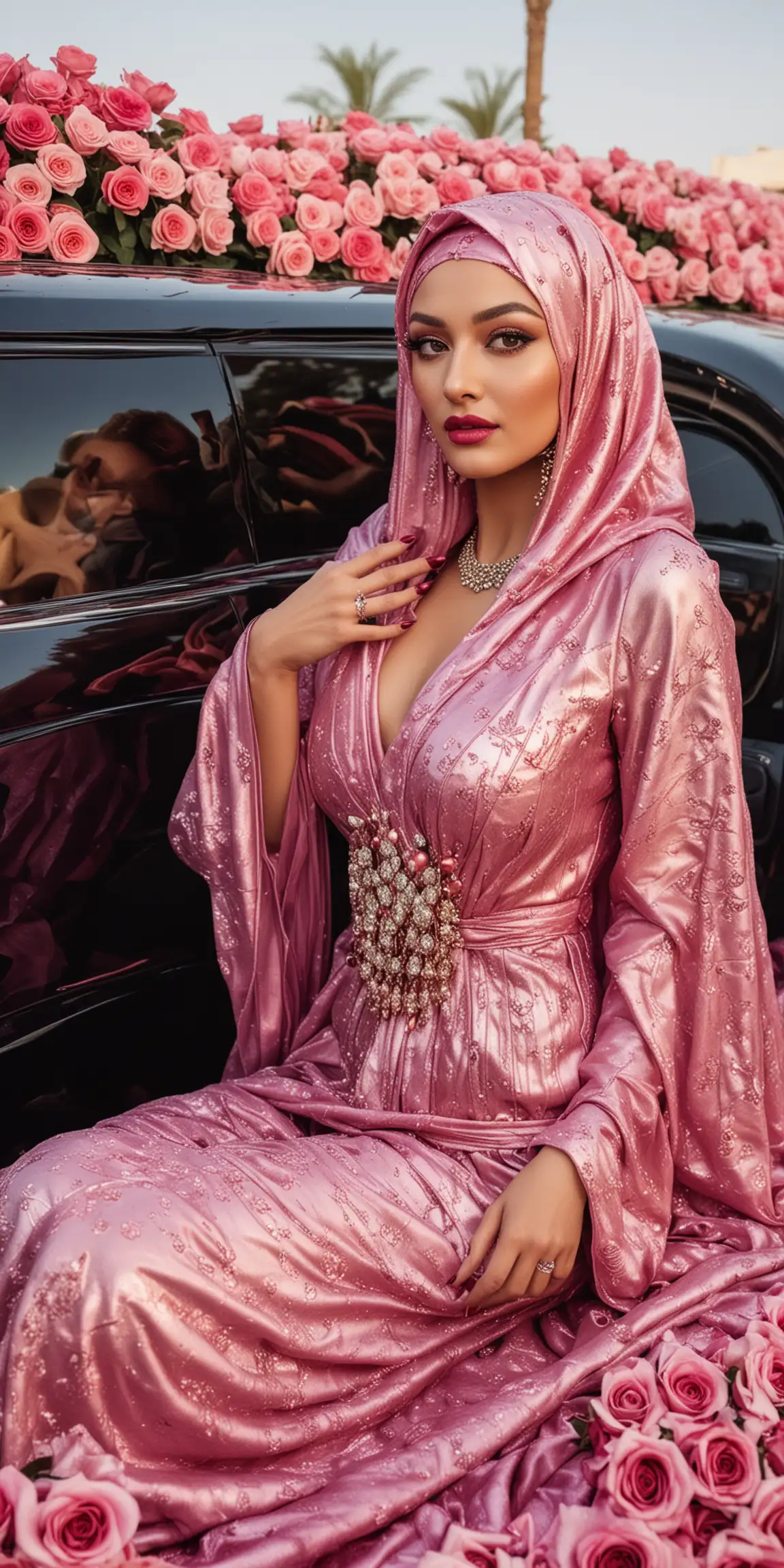 Expensive stretch limo in Dubai. Newlywed, Fair-skinned, shy, big-breasted Arab Muslimah in heavy gaudy lipstick, bridal makeup & jewellery, 5” patent leather Louboutin heels, wearing a magenta shiny lustrous metallic chiffon abaya her face covered beneath fabric. She is sensuously posing in roses