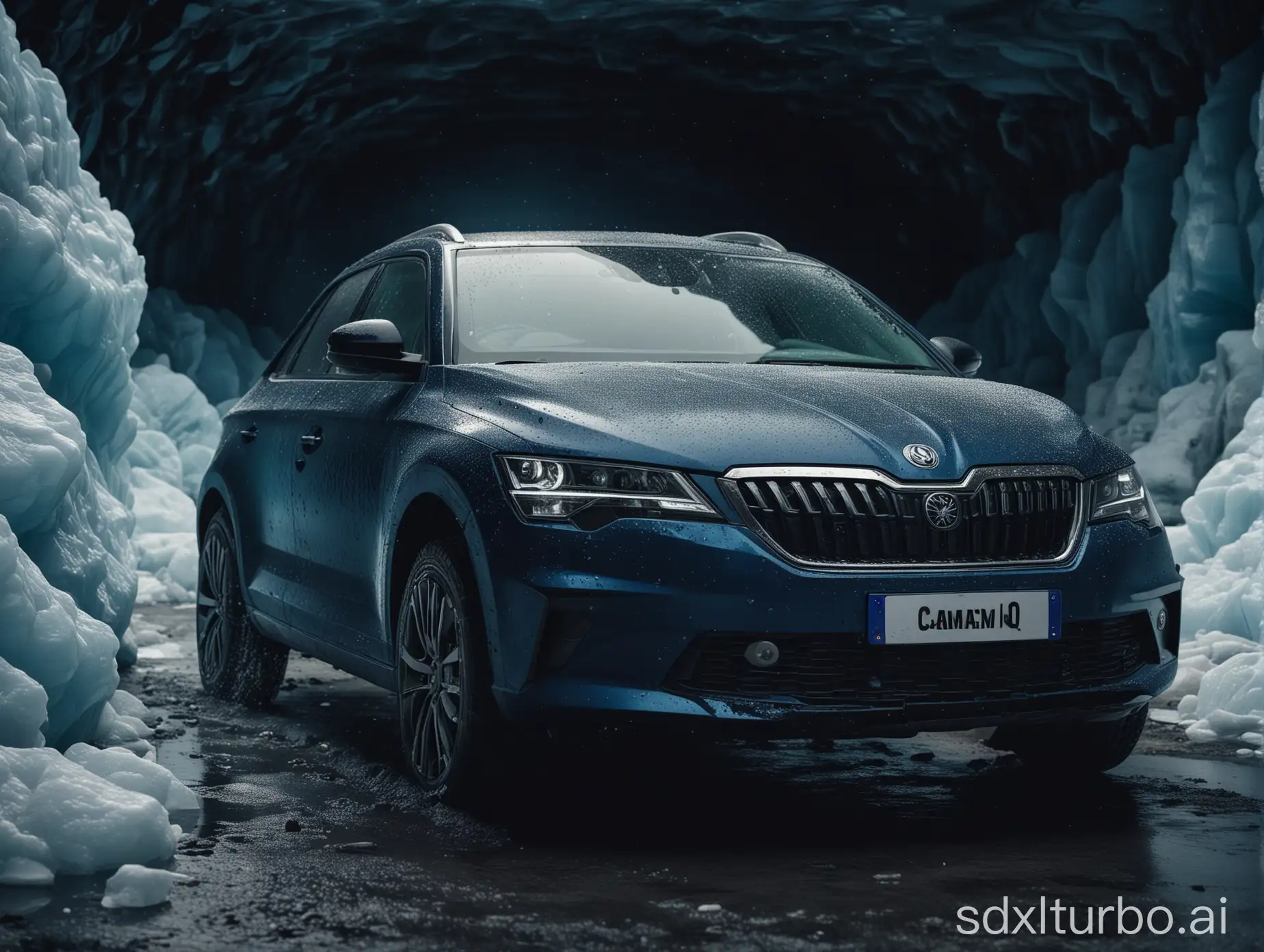 professional front portrait photo of Skoda Camiq car driving in dark blue glacial ice cave. Matte navy blue paint. Offroad bumper. Bokeh. 
