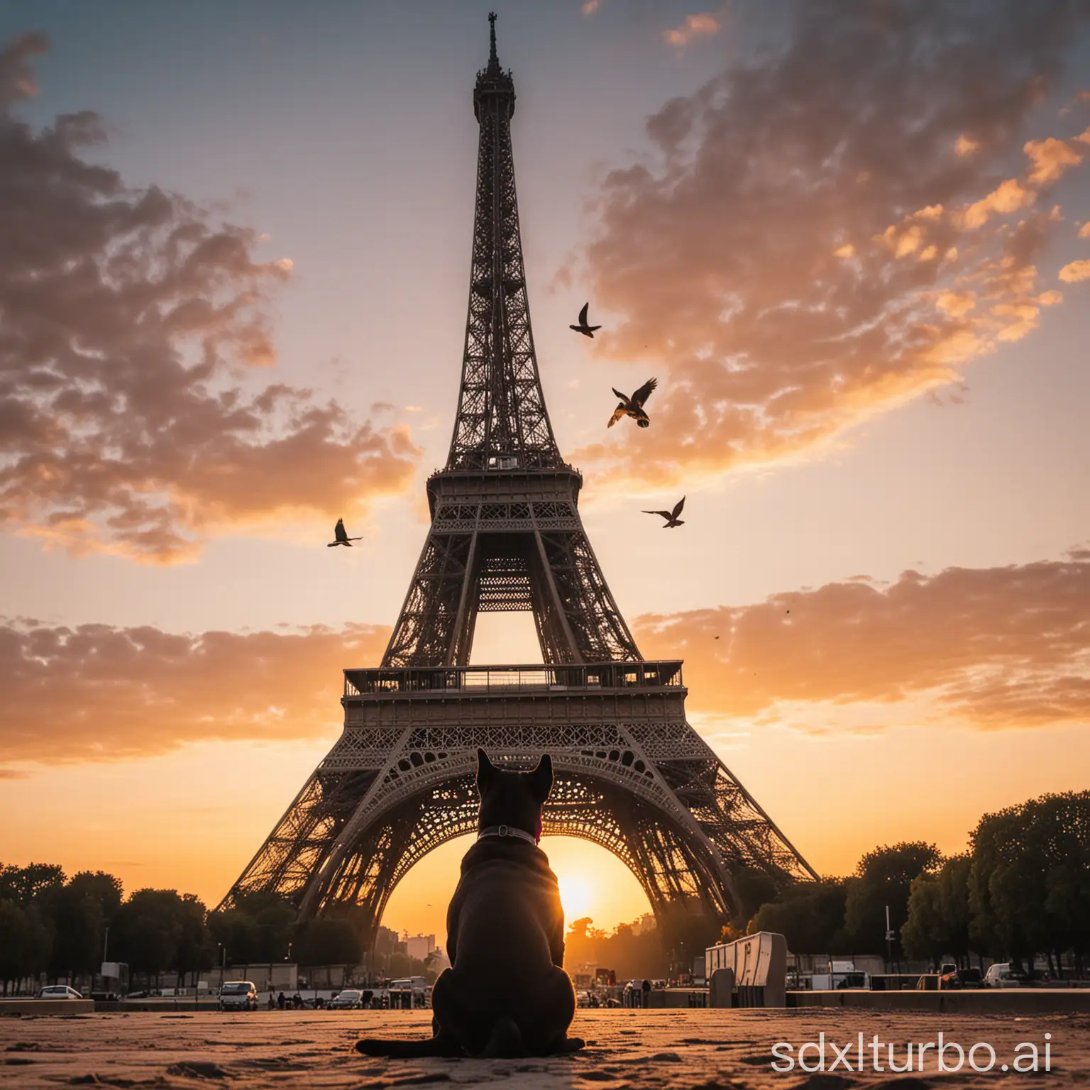 Eiffelturm mit Sonnenaufgang und Vögeln im Hintergrund und einem Hund am Fuß des Eiffelturms