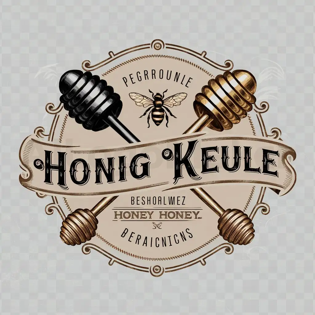 LOGO-Design-For-Honig-Keule-Elegant-Black-and-Gold-Victorian-Honey-Label-with-Crossed-Honey-Dippers-and-Engraved-Honey-Bee