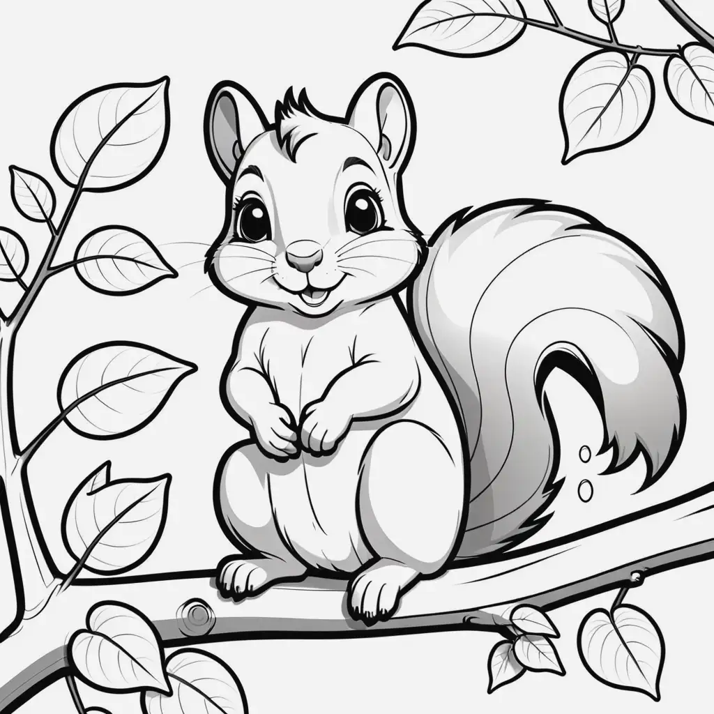 A squirrel in cartoon style on the branch of a tree with large leaves. For a coloring page. Simple design