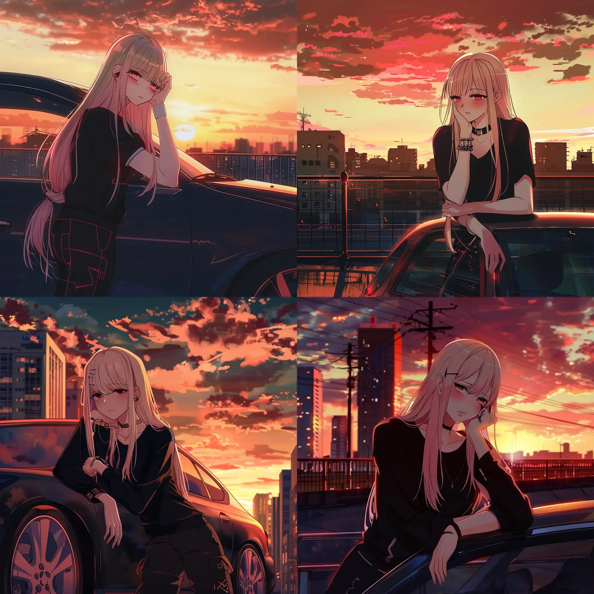 anime, style cyberpunk, car, leans on the car, outside the city, biker suit, sunset
