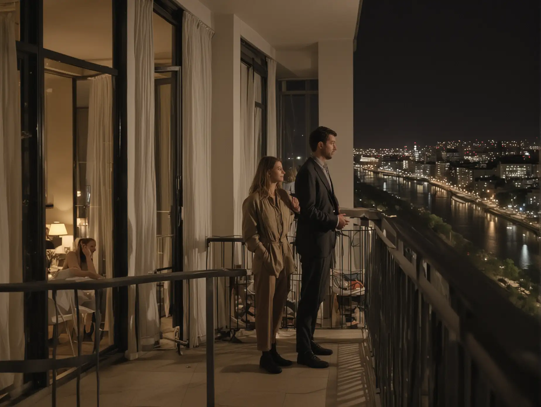 мужчина и женщина стоят на балконе 8 этажа и смотрят на реку, ночь, они у себя в квартире в обычной одежде