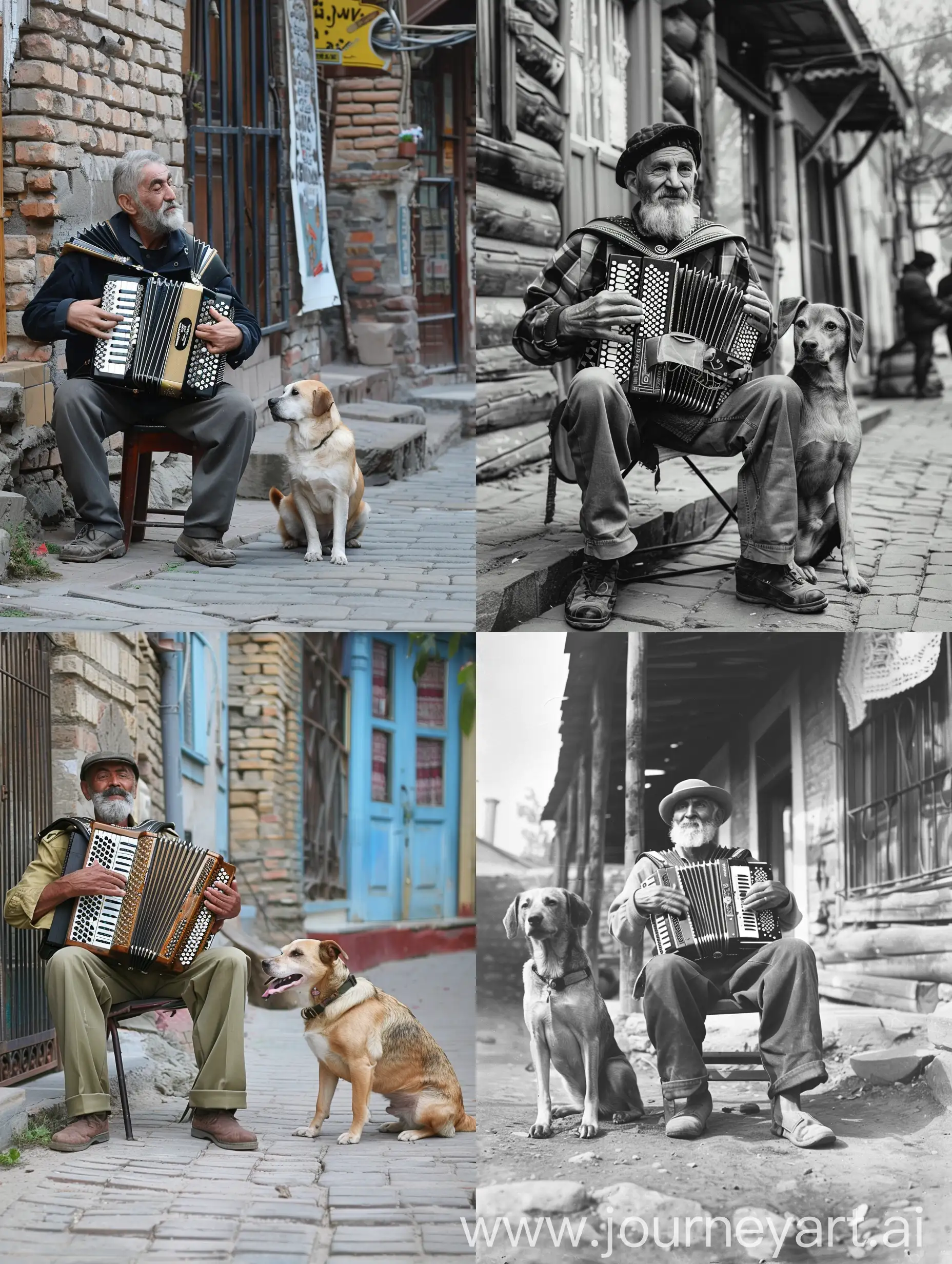на улице старого тифлиса сидит шарманщик и играет на шарманке рядом сидит собачка