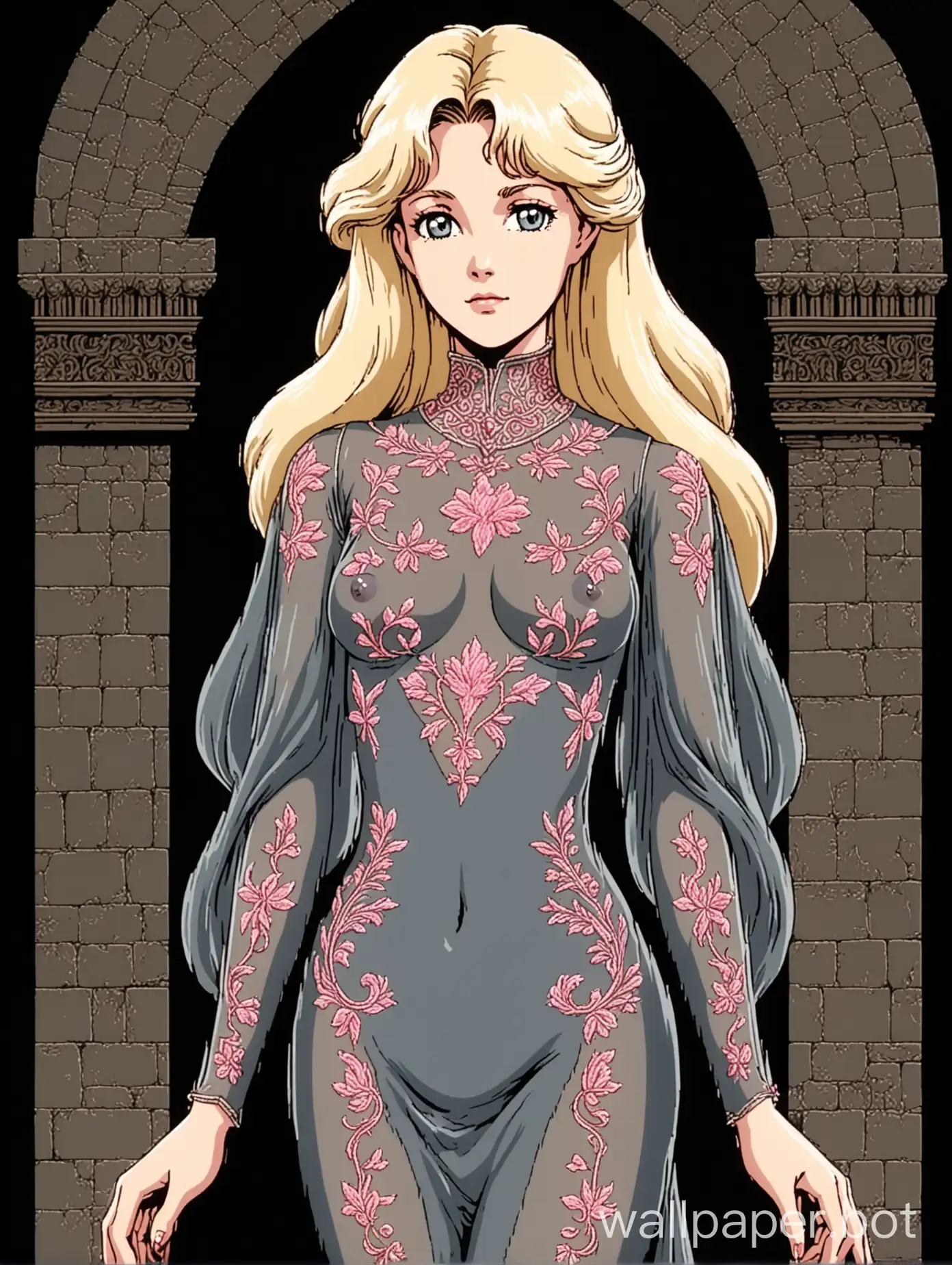 a young and attractive white woman, she has long wavy white-blonde hair, standing regally, elegant and slender, wearing a sheer dark grey skintight dress, full coverage, silhouette of her perky nipples, pink nipples, detailed embroidery on her chest, ornate stitching, medieval elegance, 1980s retro anime