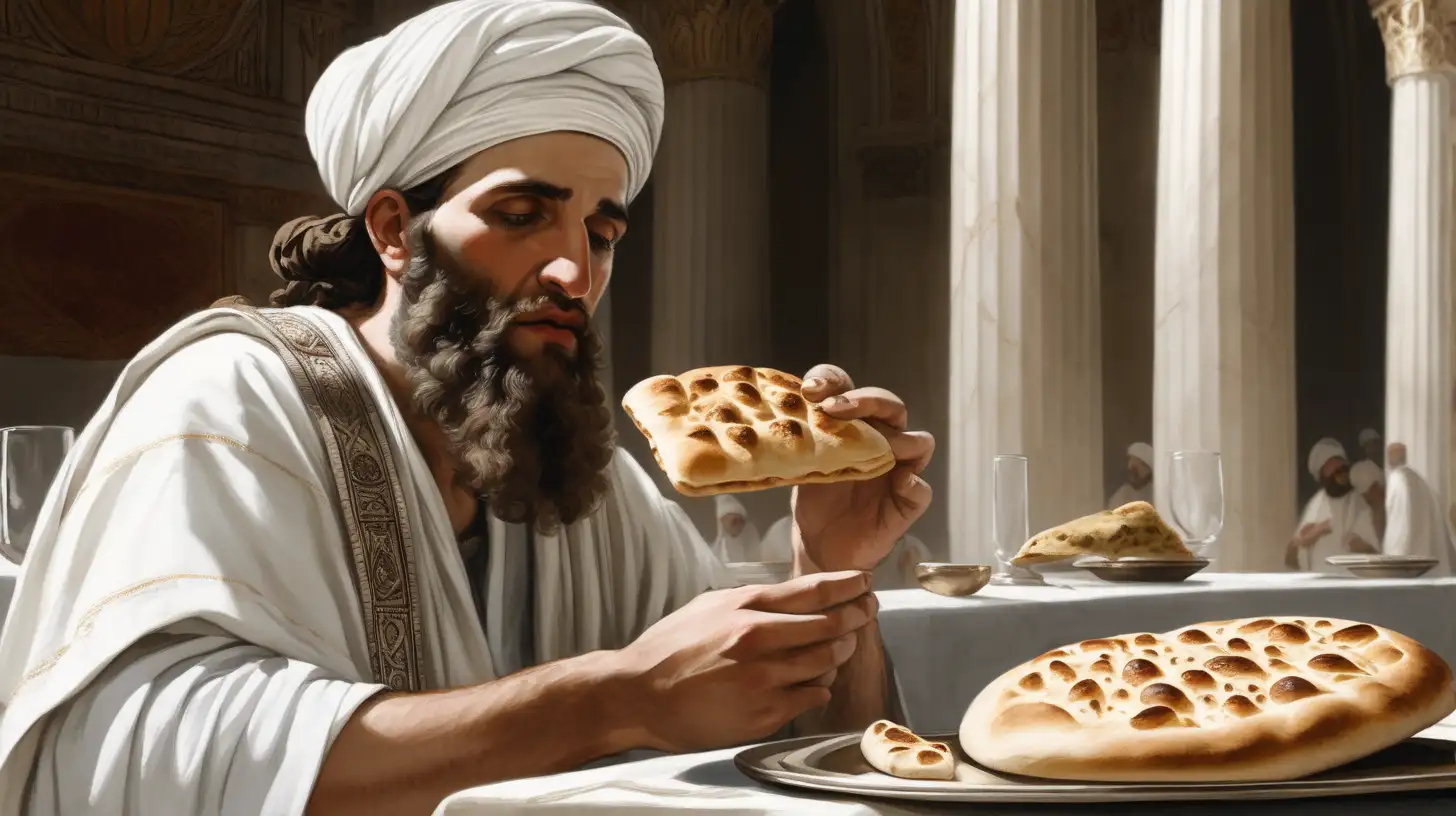 Biblical Era Hebrew Man Eating Flatbread in Marble Hall