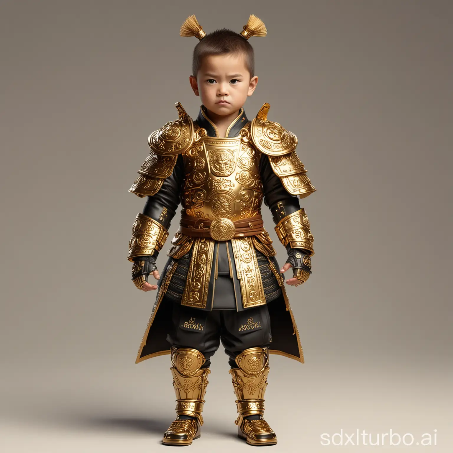 Little child boy samurai ronin full armor with masculine face wearing Versace brand in gold color, game character, stands at full height