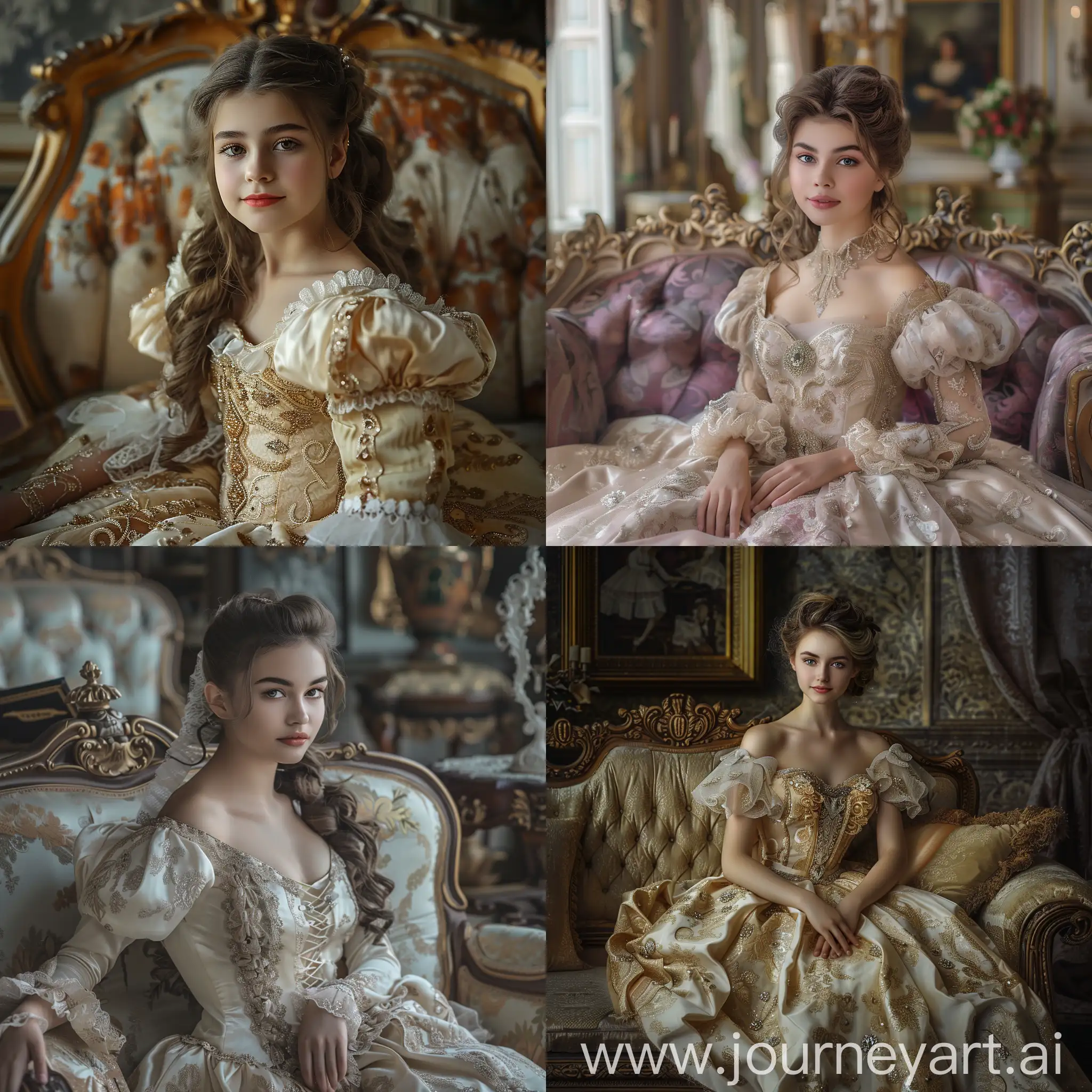 A very real photo of a very beautiful girl, in a royal princess dress, (pose sitting on a royal sofa), ((the form and model should be accurate and real and appropriate)), in a royal and beautiful house, great pose for photography, masterpiece of quality and Beauty, royal style hairstyle, studio photo, calm but serious and heavy smile, beautiful