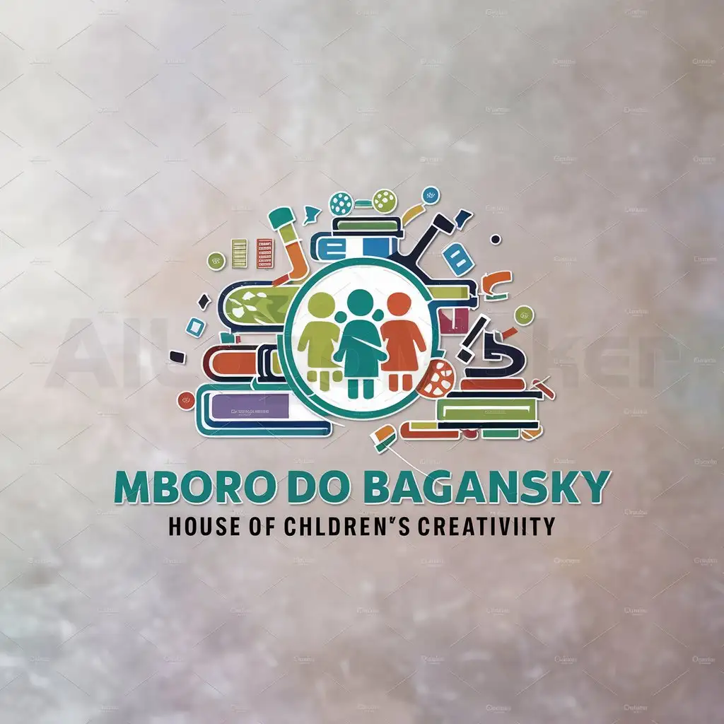 a logo design,with the text "MBORO DO Bagansky house of children's creativity", main symbol:Children around them books, balls, microscopes and tapes,Moderate,be used in Education industry,clear background