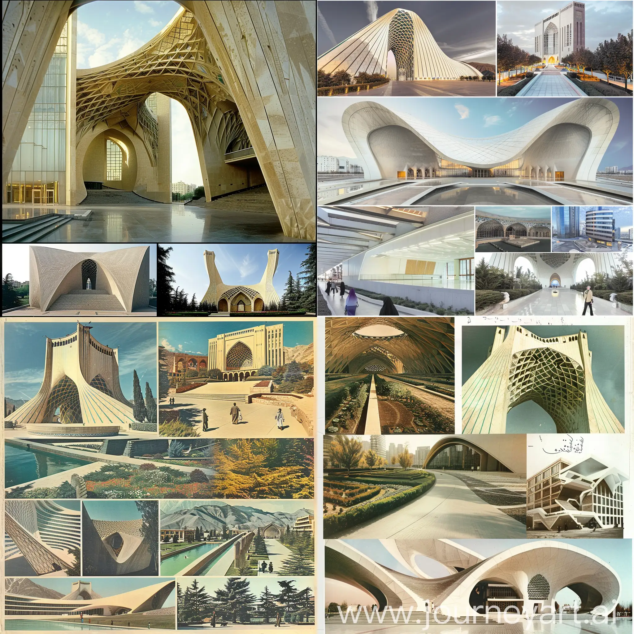 Make a collage and show who brought modern thinking and architecture to Iran and place the modern and successful structures and buildings of Iran.