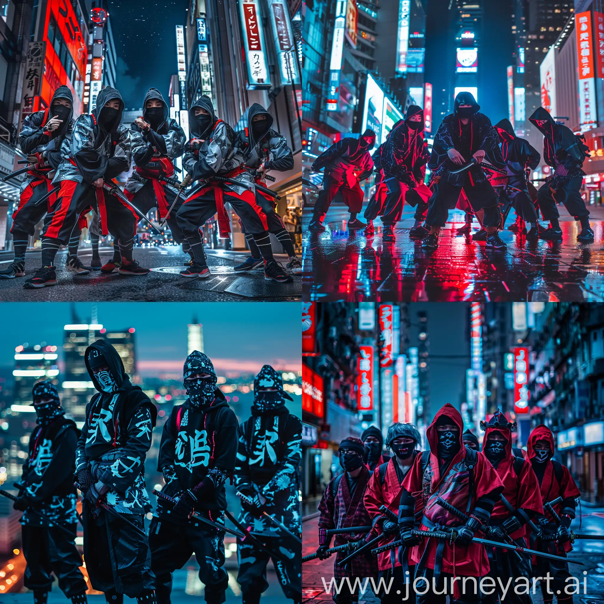 Крутая уличная банда, одетая в стиле современных городских паркур самураев, на фоне ночного городского пейзажа