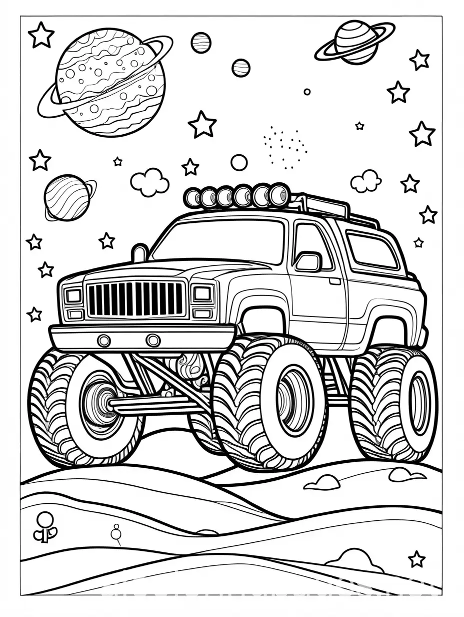 funny monster truck and happy cartoon pet dog, coloring page for kids, outline art, in  outer space, white blackground
, Coloring Page, black and white, line art, white background, Simplicity, Ample White Space. The background of the coloring page is plain white to make it easy for young children to color within the lines. The outlines of all the subjects are easy to distinguish, making it simple for kids to color without too much difficulty