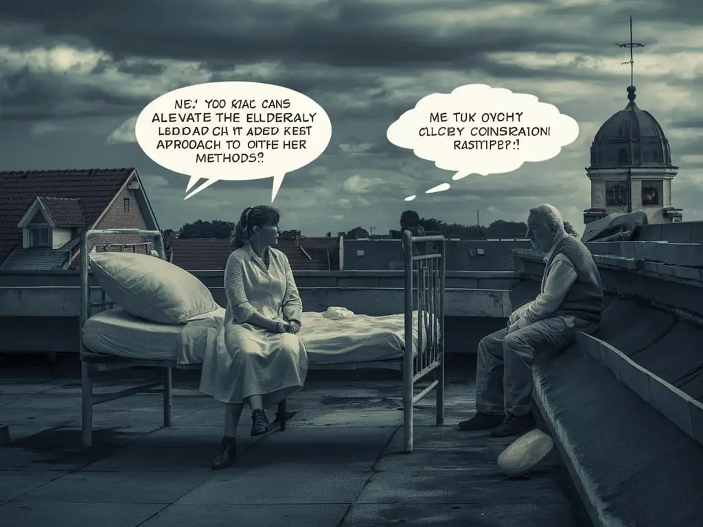 On top of a building, a woman is sitting next to an old man's sickbed, I have heard that the old man is constipated and his mind is heavy. As I approach, can I solve the old man's urgent need with my operation, I am confident. However, there is a gap between me and the old man, should I break the prejudice and extend a helping hand?