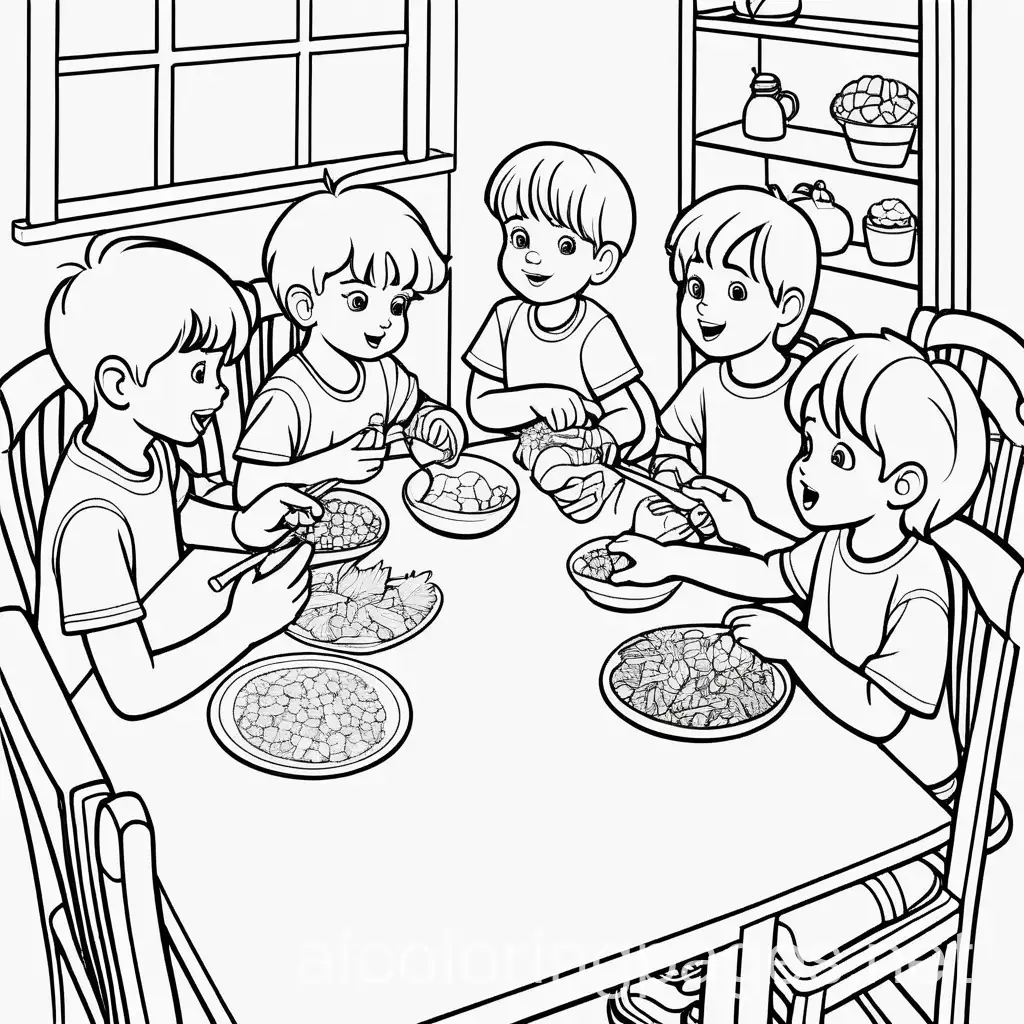kids being unselfish with their food, Coloring Page, black and white, line art, white background, Simplicity, Ample White Space. The background of the coloring page is plain white to make it easy for young children to color within the lines. The outlines of all the subjects are easy to distinguish, making it simple for kids to color without too much difficulty