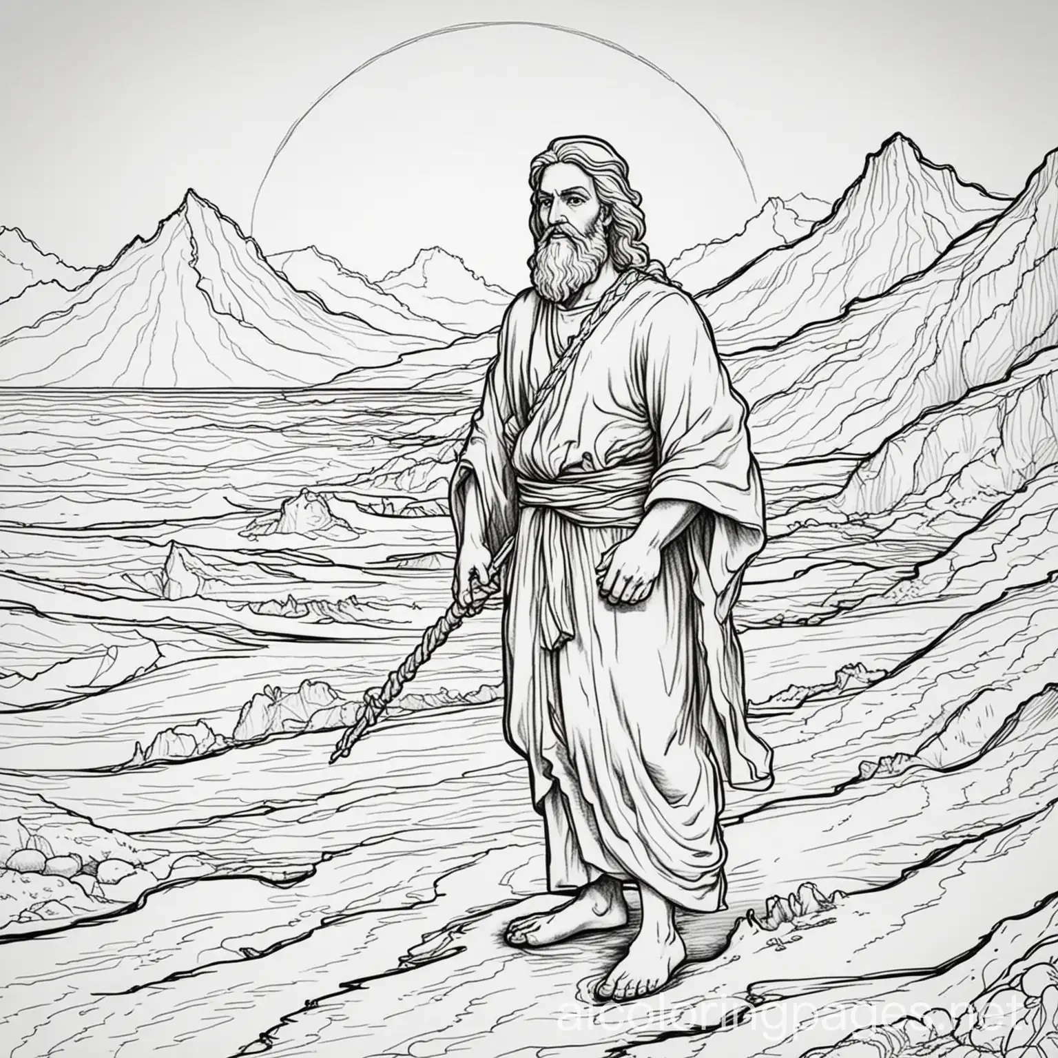 Create a basic and simple black and white outline with no detail. Leave blank space in the figures for coloring. Show Moses on the shore of the Red Sea. He stretches his one staff out to the Red Sea. The sea is beginning to part. Do not add mountains or clouds in the background. , Coloring Page, black and white, line art, white background, Simplicity, Ample White Space. The background of the coloring page is plain white to make it easy for young children to color within the lines. The outlines of all the subjects are easy to distinguish, making it simple for kids to color without too much difficulty