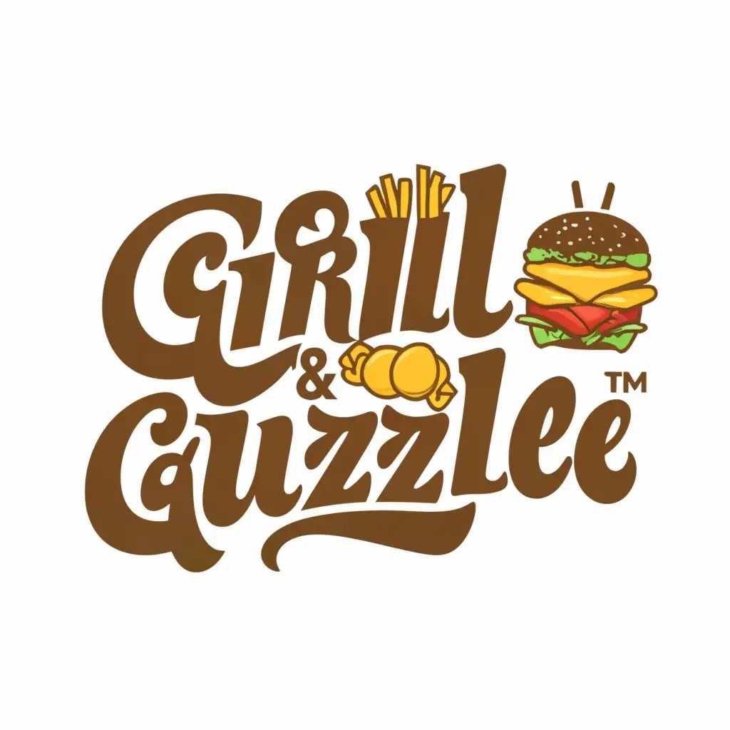 a logo design,with the text "GRILL & GUZZLE", main symbol:BURGER,FRIES,Moderate,be used in FOOD industry,clear background