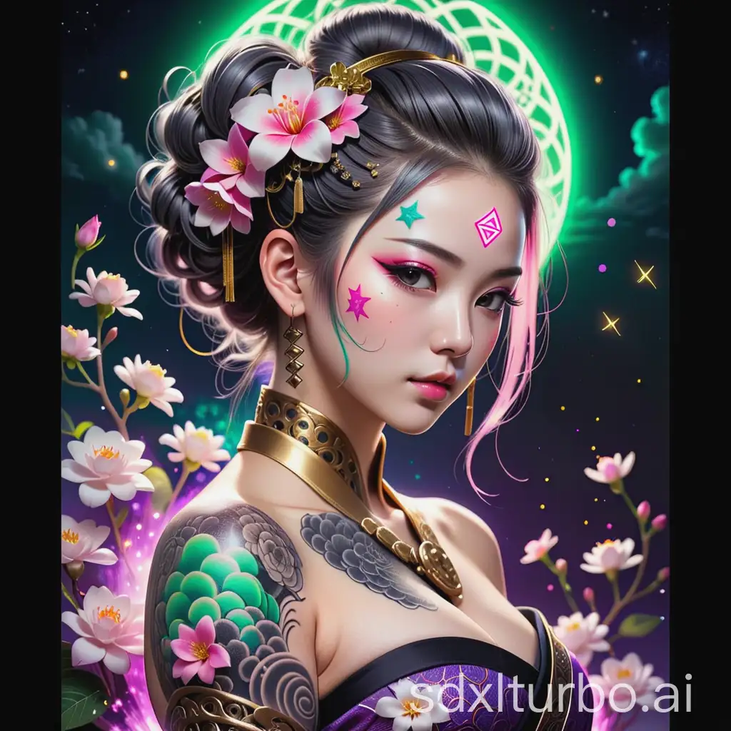 💐💐💐


cyberpunk background is a gray filigree geisha tattoo, neon back light woven from smoke flames, small flowers, white clouds, night starry sky, pink green purple stars, gold glitter, beautifully aesthetically professional photo, hyper realistic high quality detailed drawing 124h.