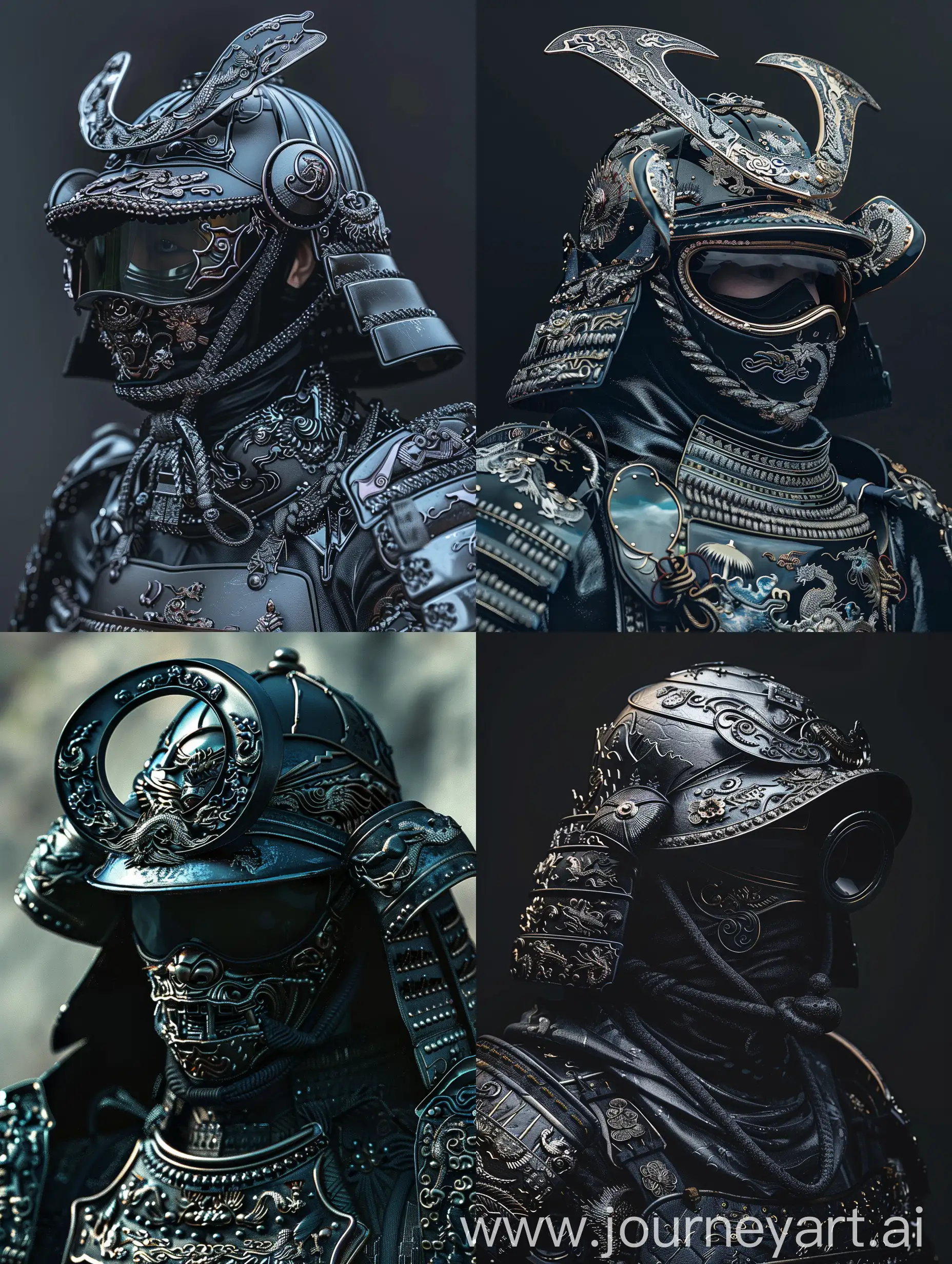 A realistic samurai warrior wears an elaborate precious suit of armor in various shades of black. The helmet features intricate decorations with Chinese elements, a large, curved crest, and detailed embellishments. The mask and armor plates are adorned with delicate patterns, including and dragons, and the samurai's face is partially hidden behind tinted goggles. The overall color scheme is predominantly black, creating a visually striking and unique look. The armor gleams as if it were brand new."