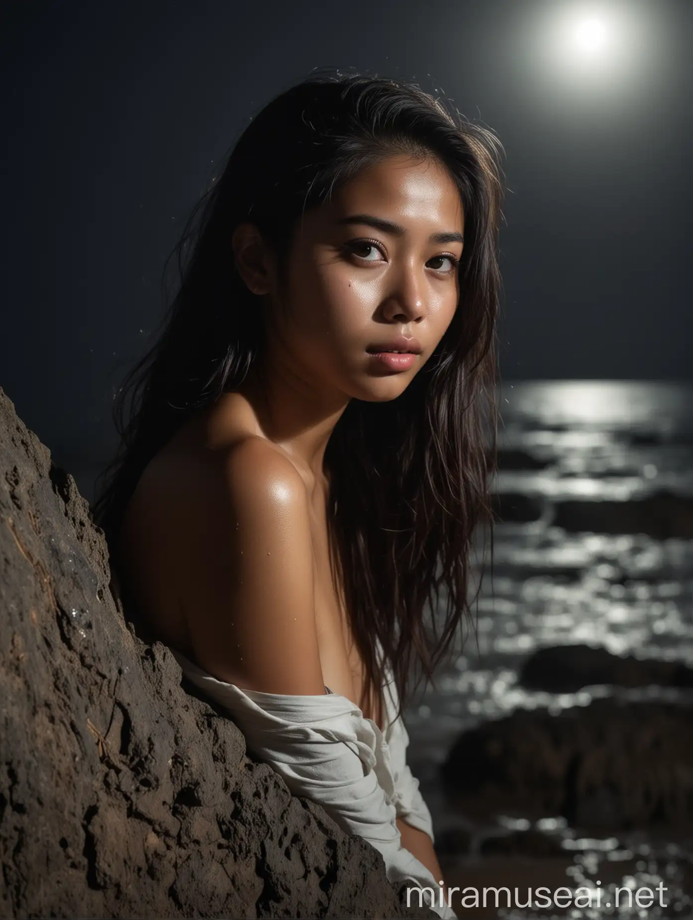 A beautiful Indonesian girl in her 20s, her face looks sad, leaning on a rock on the beach at night, her wet body is illuminated by the moonlight, the photo is very real, clear and clear.