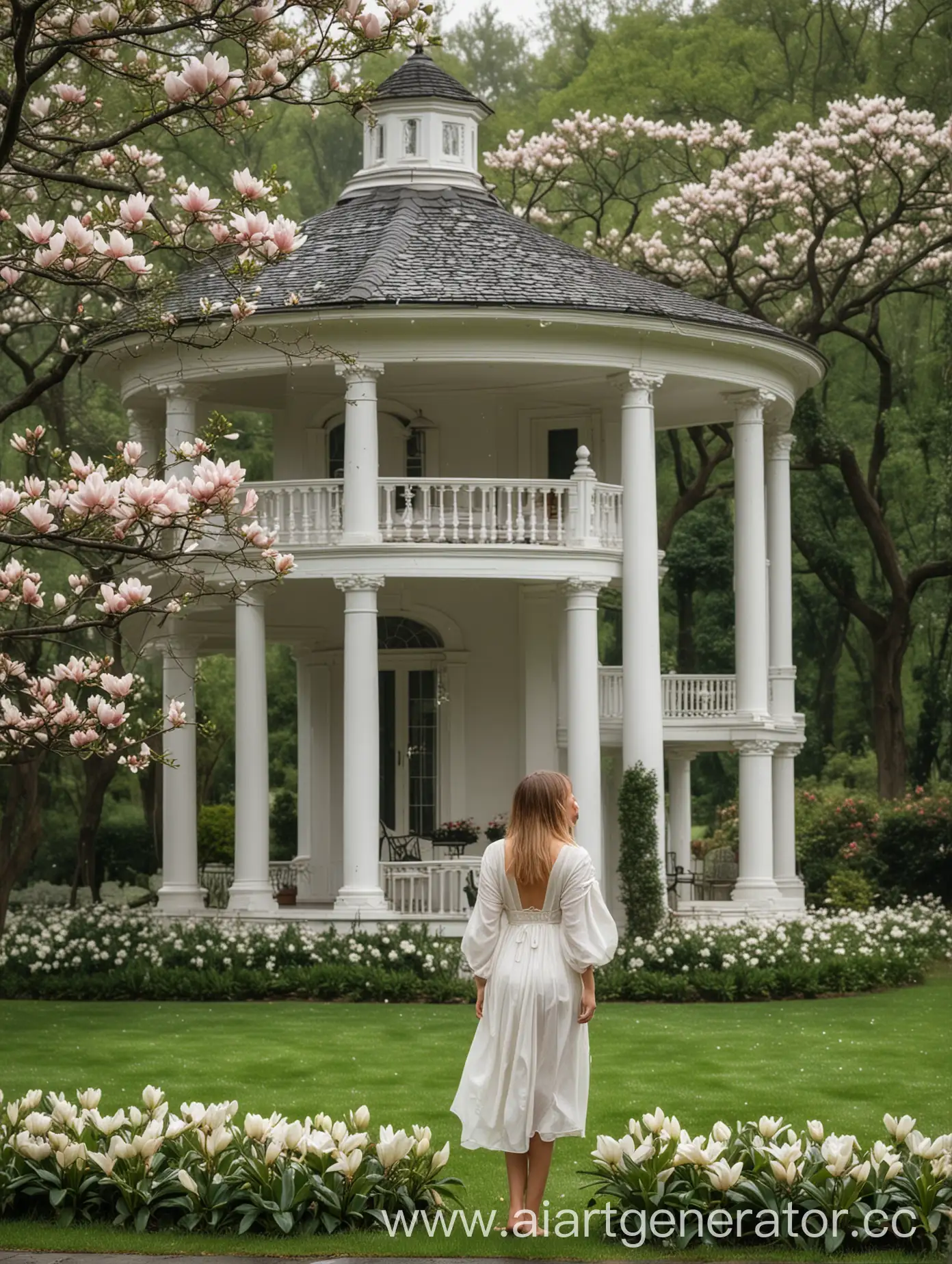 Tranquil-Scene-Magnolia-Blossoms-in-Rain-at-Elegant-Estate