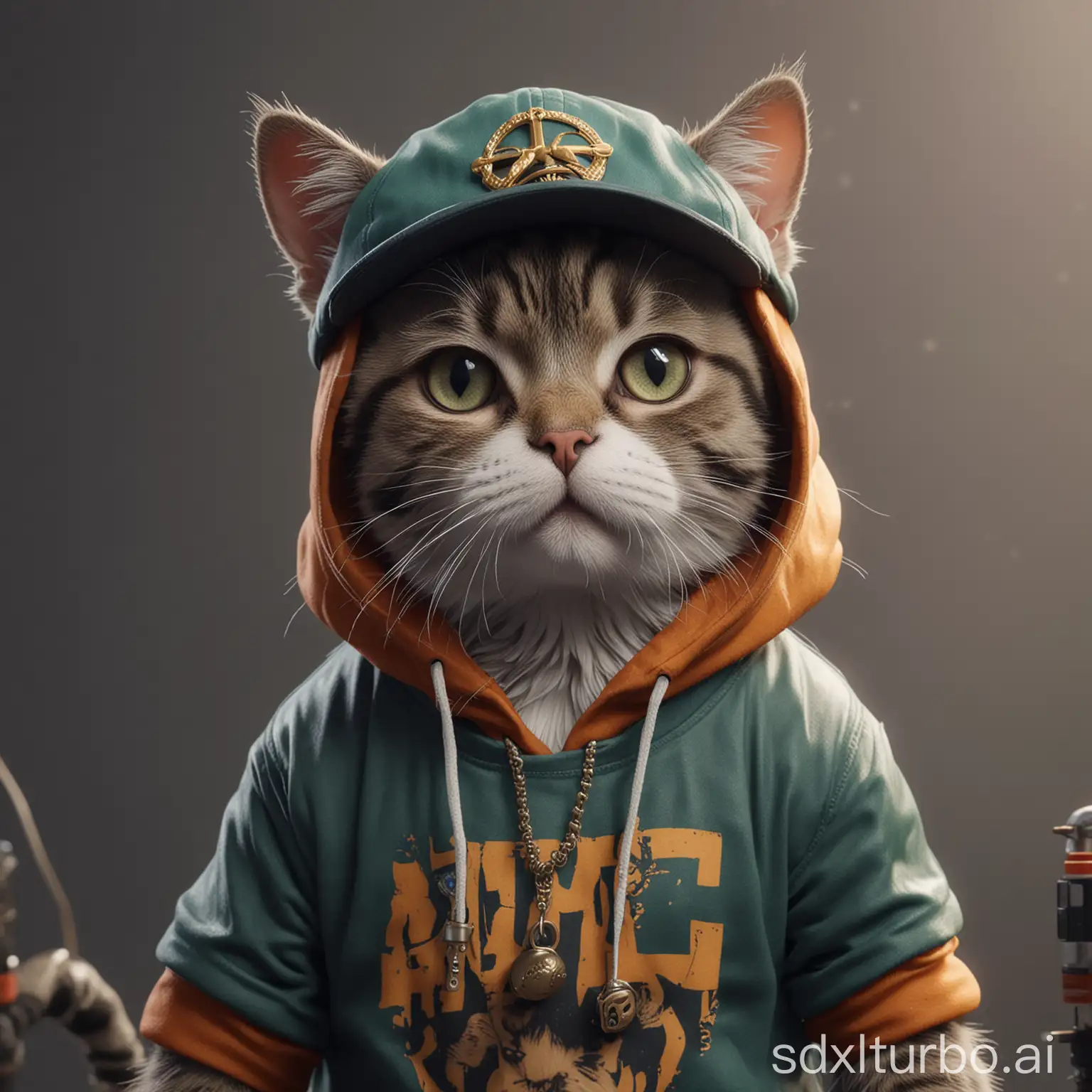 A cute cat dressed as a rapper insane details, 8k, hyper details, photorealistic, hyperrealistic, octane render