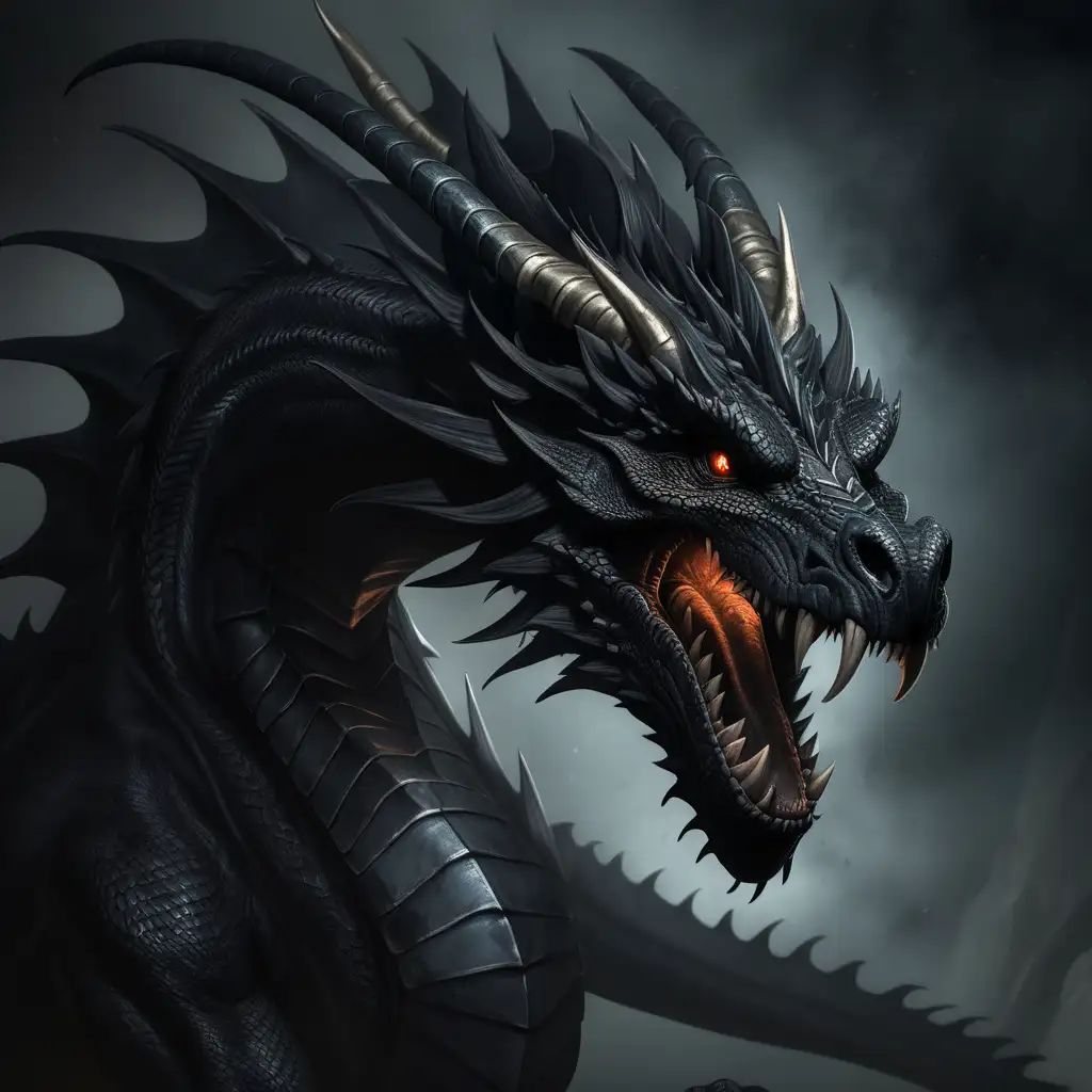 The portrait of a terrifying ancient black dragon emerging from the darkness.