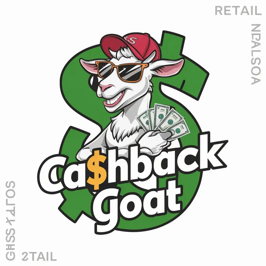 a logo design,with the text 'ca$hback goat', main symbol:colorful, eye catching,  confident, adorable, joyful goat, words of 'CA$HBACK GOAT', wearing sunglasses and red baseball cap,  holding cash, portrait from left to right. overall theme is dollar green. font inside white color, easy on eyes when viewing in small sizes,Moderate,be used in Retail industry,clear background,dollar green sign behind the goat,bigger fonts