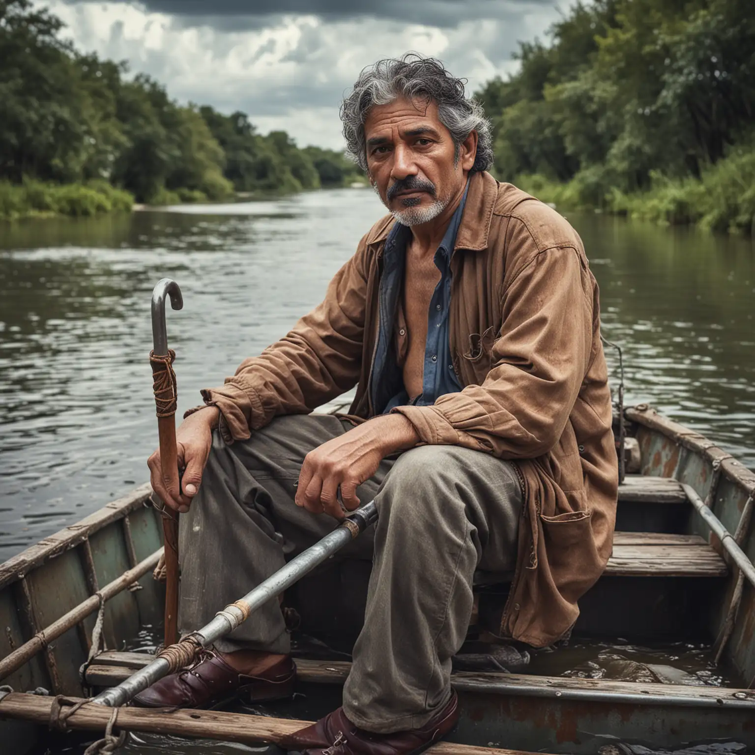 Hispanic Man with Cane Sitting in Metal Motor Boat on River