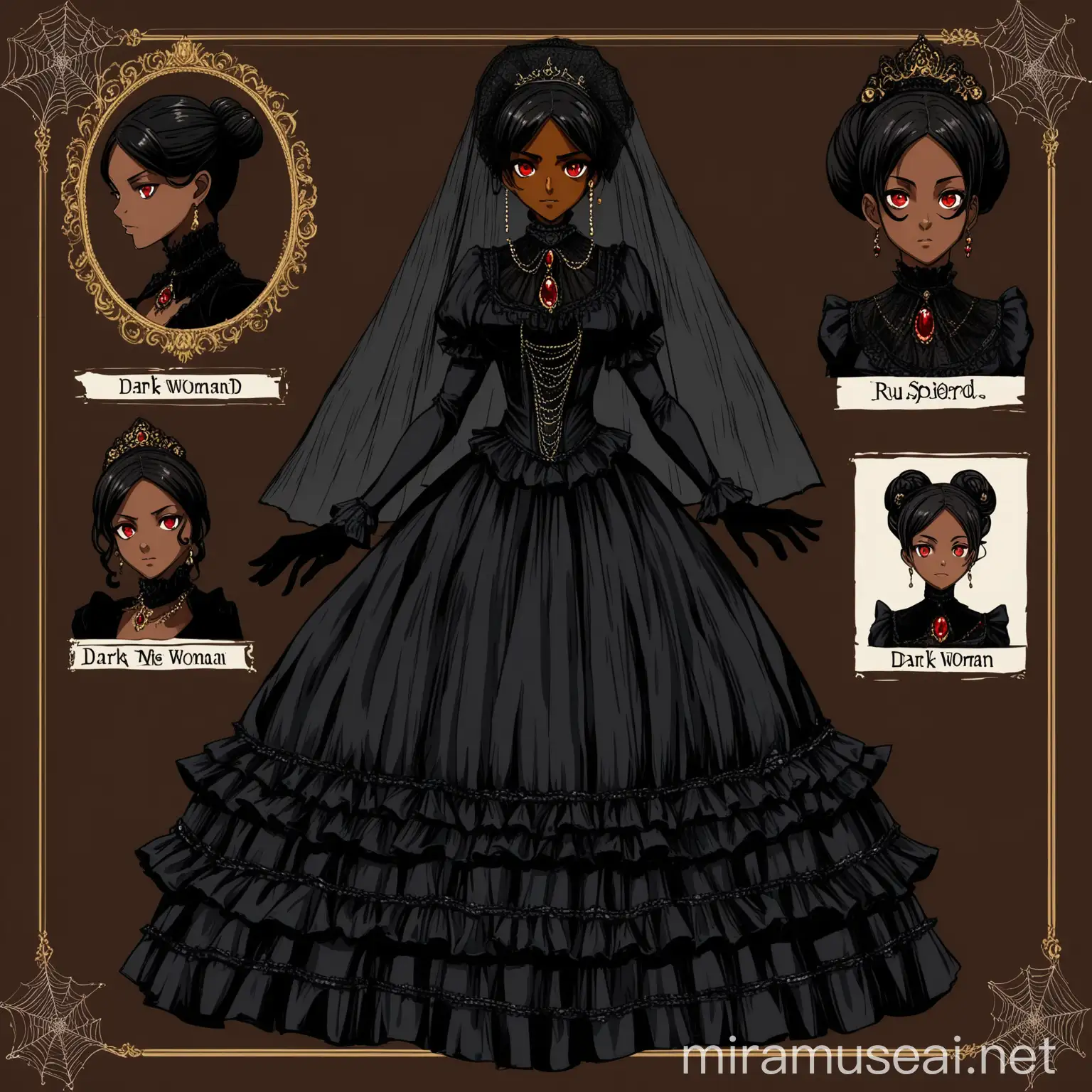 Dark Skinned Woman in Victorian Dress with Spiders and Red Eyes Character Reference Sheet