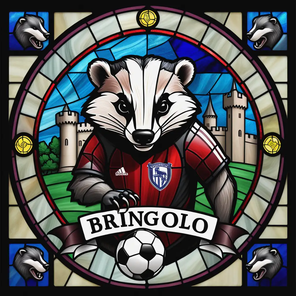 Logo for BRINGOLO soccer team with an aggressive badger, in stained glass, with a castle in the background
