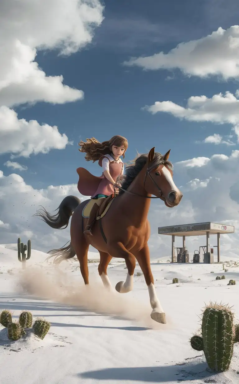 Studio ghibli anime style, fluffy white clouds in the blue sky, a far down is a white desert, there's a girl with long hair riding a horse running down the desert, old gasoline station, dust, cactus,