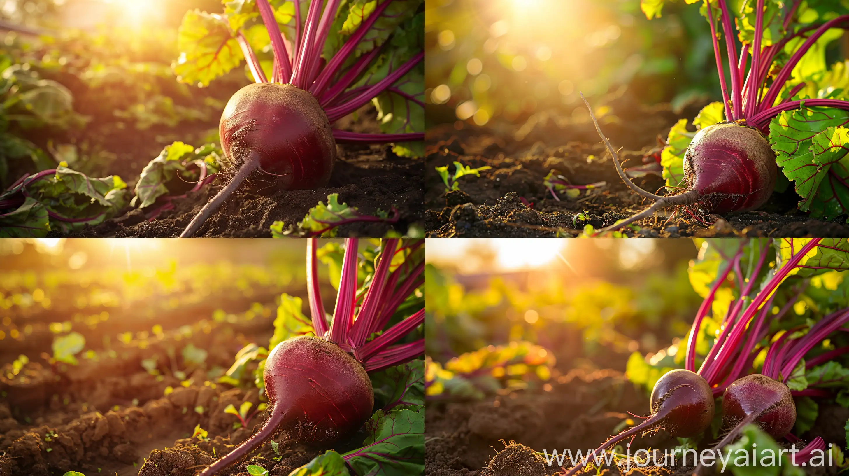 High detailed photo capturing a Beet, Early Wonder Organic. The sun, casting a warm, golden glow, bathes the scene in a serene ambiance, illuminating the intricate details of each element. The composition centers on a Beet, Early Wonder Organic. When it comes to beets, the earlier the better. A dual-purpose heirloom beet, with sweet, early-producing, 3-4" roots and extra tall and flavorful tops for harvesting as greens. Cut the 18" tall greens, and use in lieu of spinach, kale or chard. Beets als. The image evokes a sense of tranquility and natural beauty, inviting viewers to immerse themselves in the splendor of the landscape. --ar 16:9 
