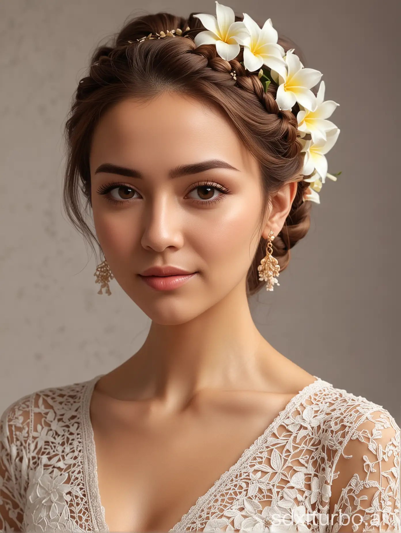 medium brown hair woman, slim body, small breast, wearing kebaya, french braid hair to the front, wearing frangipani flowers on one ear, close up, realistic