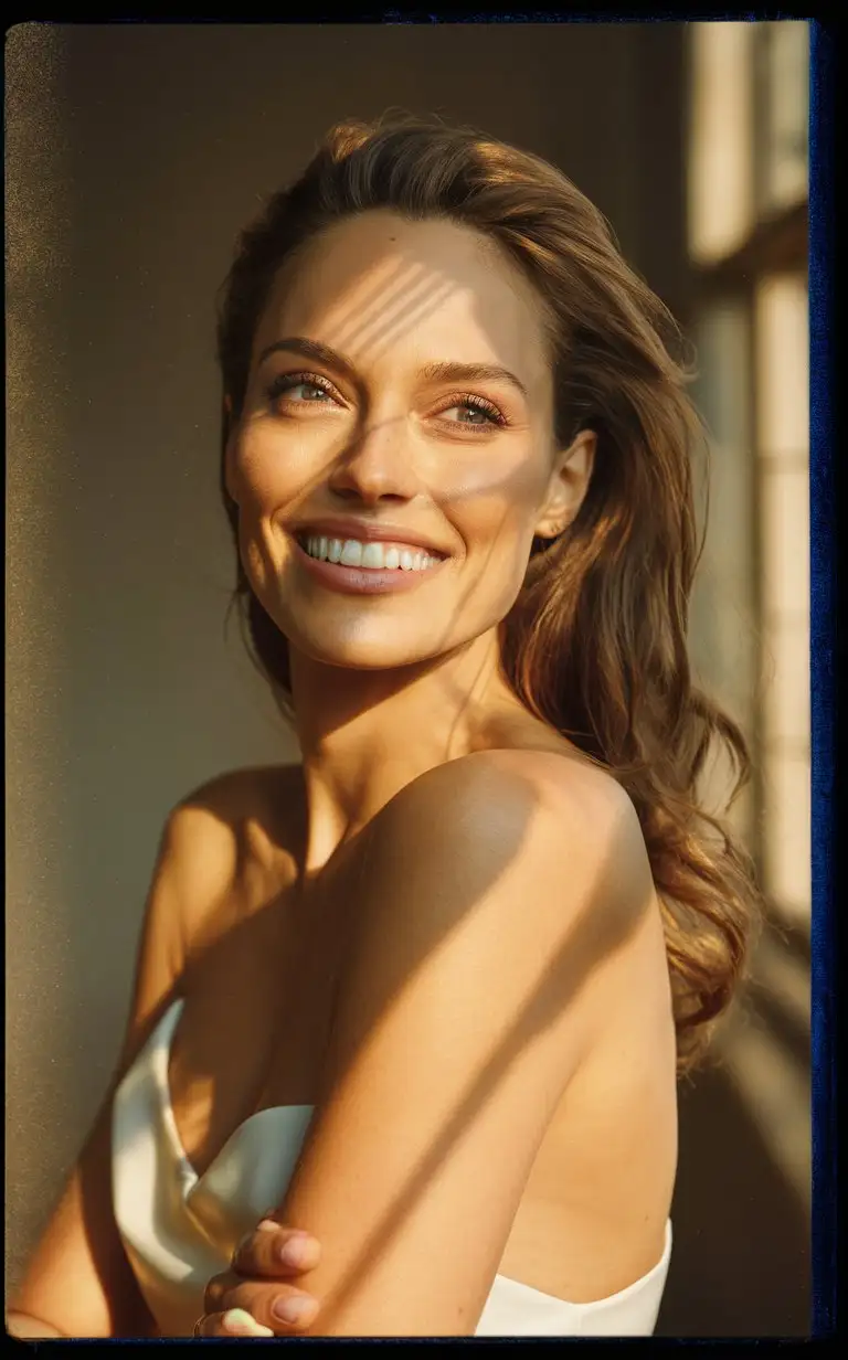 photo of Angelina Jolie, ((upper body，smiling)), looking at the camera, close up of face with lens aberrations, color negative, with sunlight filtering shadows on their faces, in the style of instant film, KodakT-Max 100, color negative film, add noise, grain