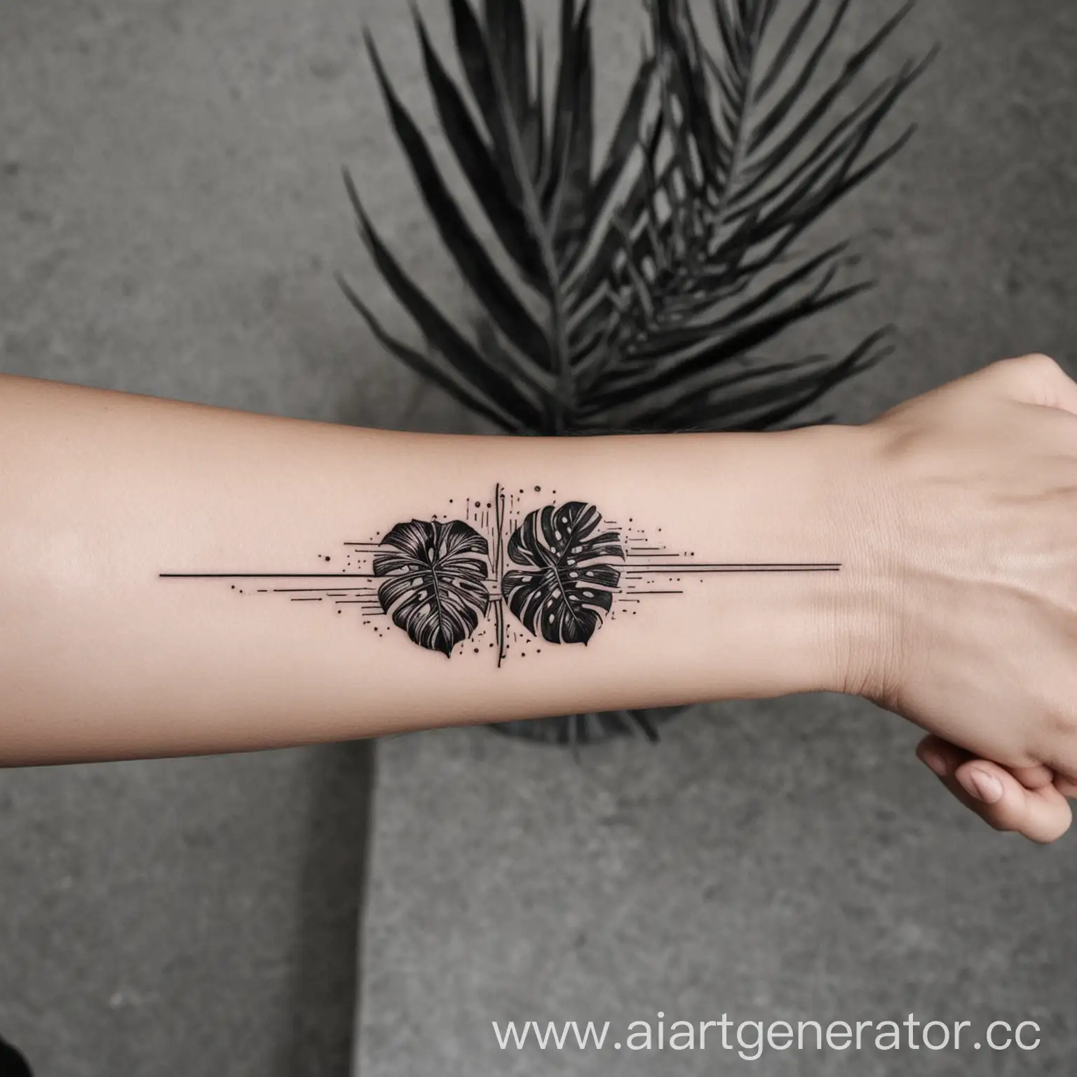 black and white fine line minimal armband tattoo monstera