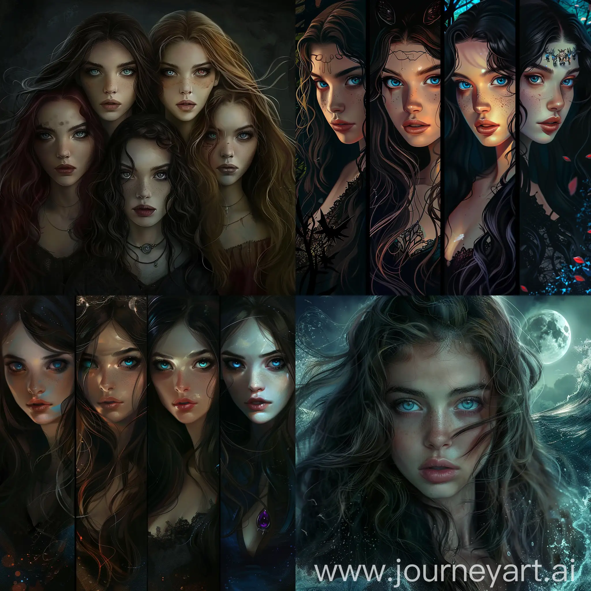 teenager girl with long brunette mane of hair and blue eyes with her full body as a mermaid with her full body, as a vampire with her full body, as a witch with her full body, and a werewolf with her full body