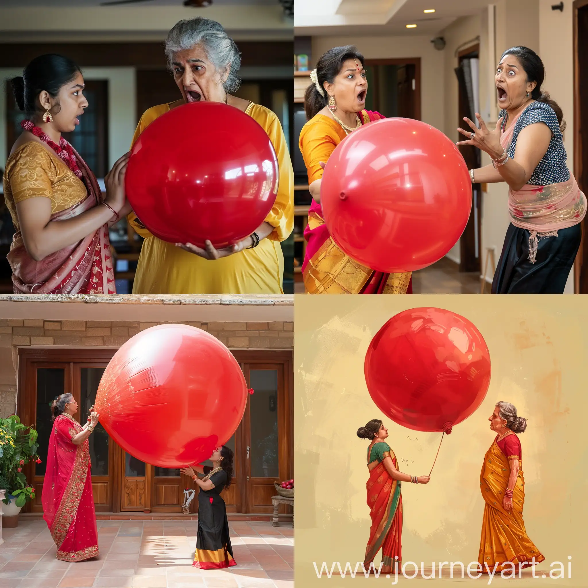 beautiful indian daughter in law in saree trying to burst a 36 inch overinflated tight round big red colour balloon due to her angry mother in law's orders 