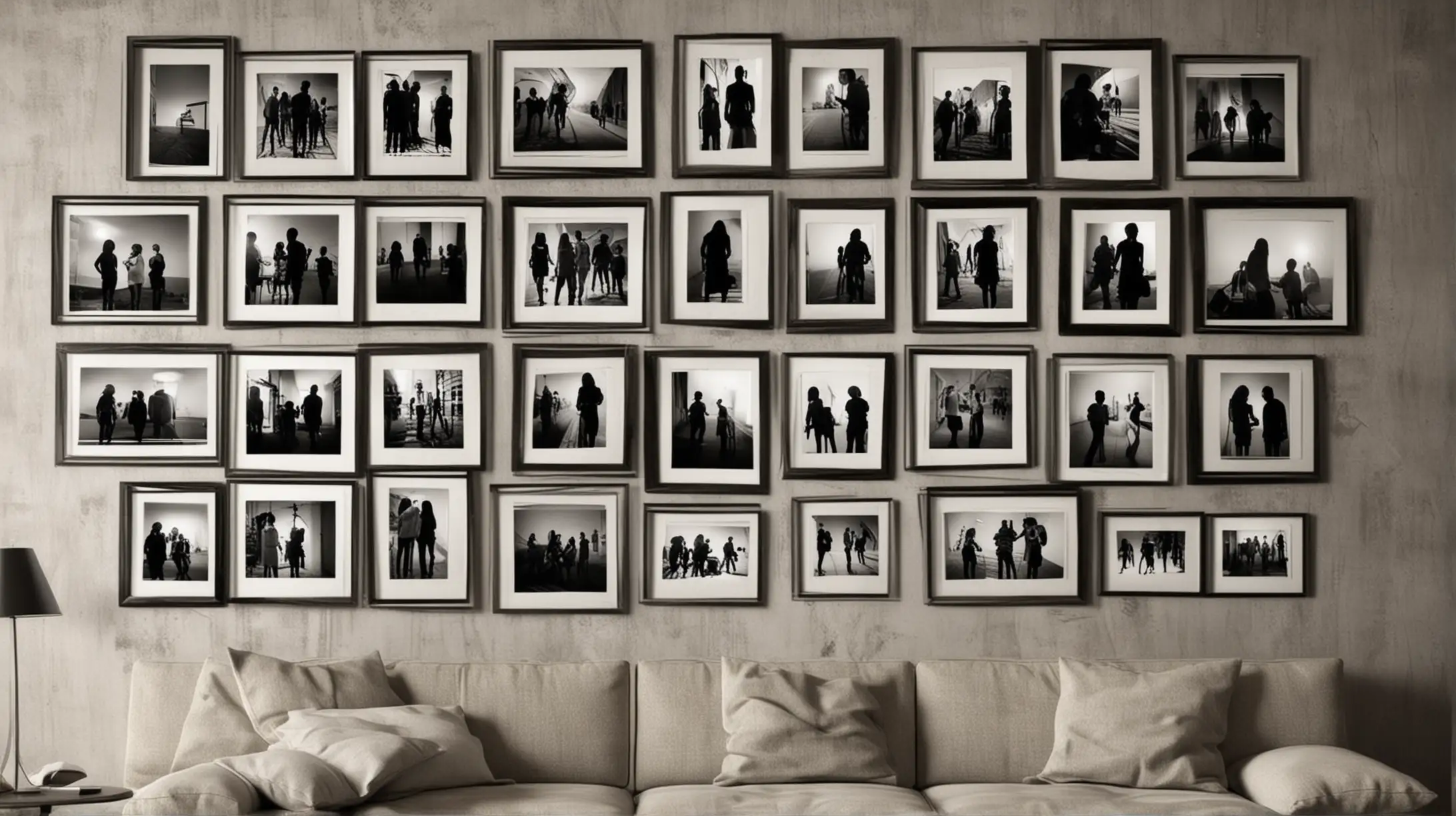 Generate an image of a photo gallery on a wall, there should be silhouettes of people in the images. The photos should be pinned on a board. Should have a clean modern look.