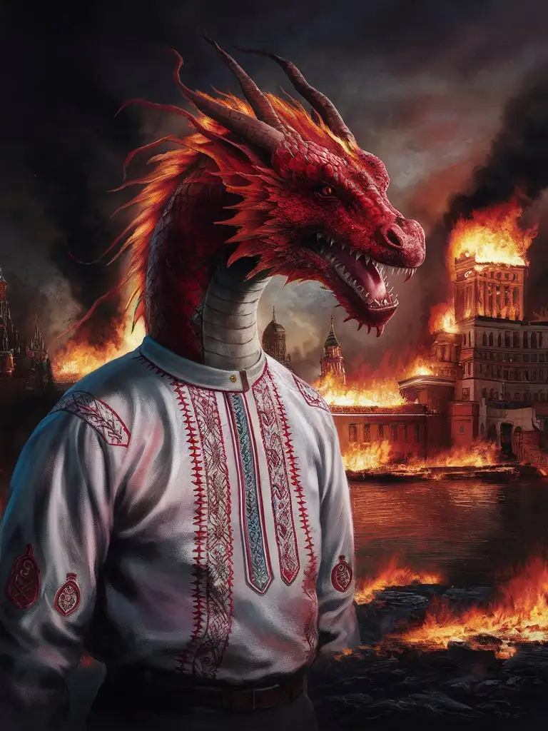 A dragon in Ukrainian vyshyvanka on the backdrop of Moscow, which is burning. 