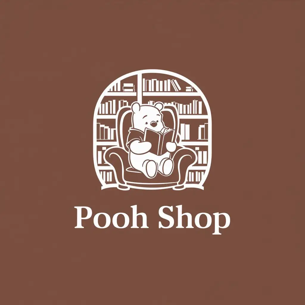 a logo design,with the text "Pooh Shop", main symbol:cute easydrawing Winnie the pooh read book inlibrary,Moderate,be used in Education industry,clear background