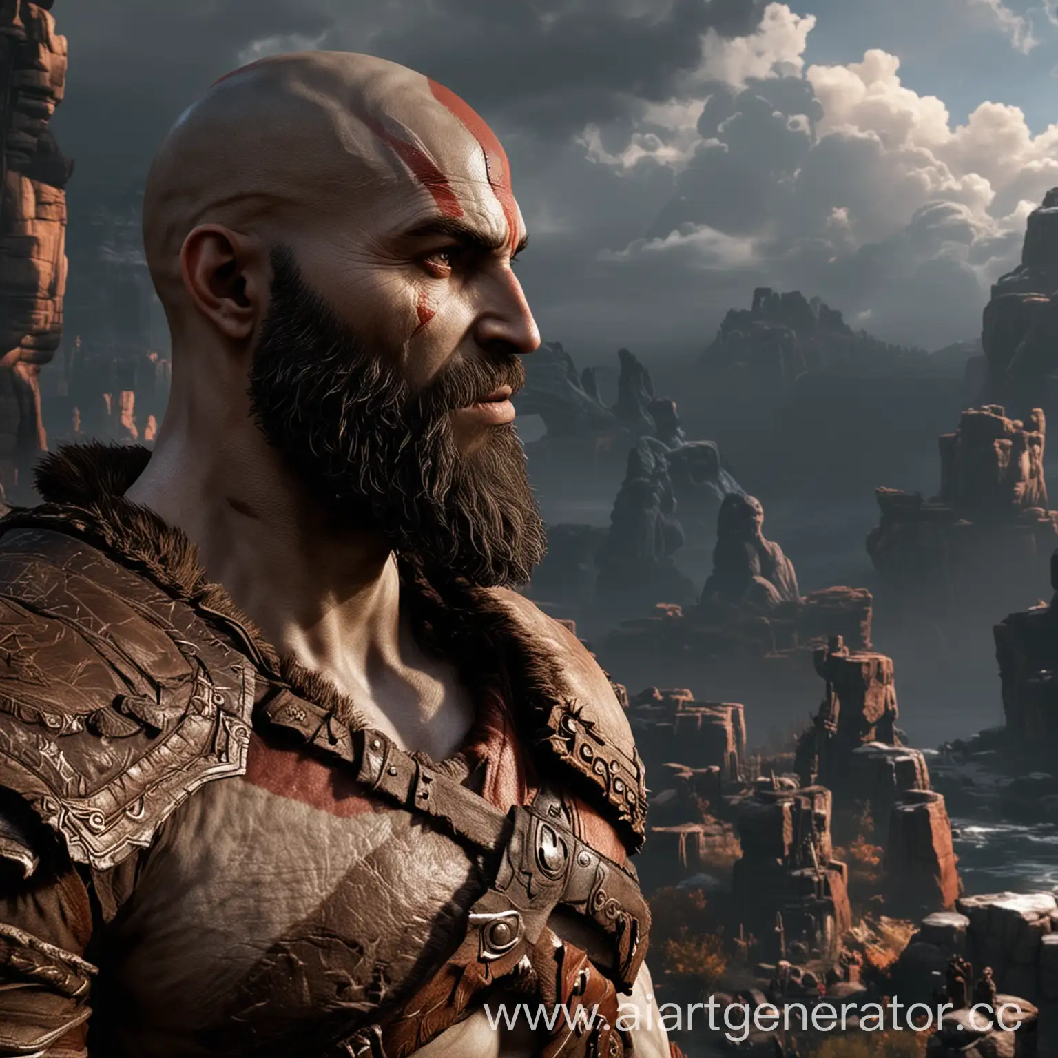 the main character of the game god of war looks into the distance
