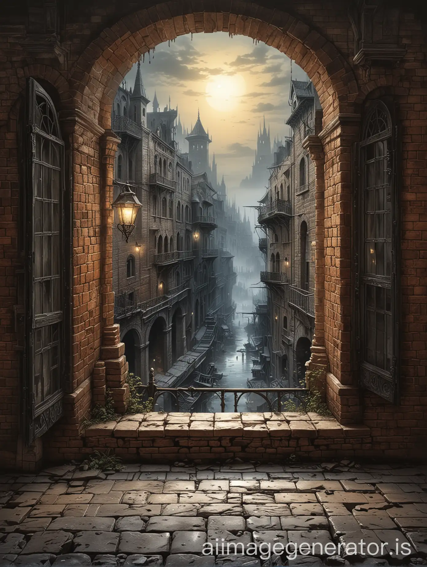 luis royo art style only background, ancient cityscape in the window, brickwall room, midnight backlight,  brickfloor